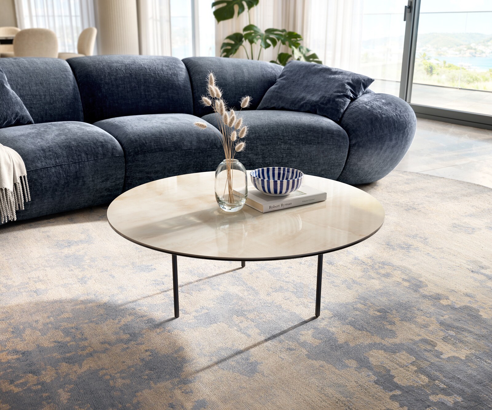 Table basse Edge ronde 90x90 cm céramique Onyx Champagne Trive métal noir
