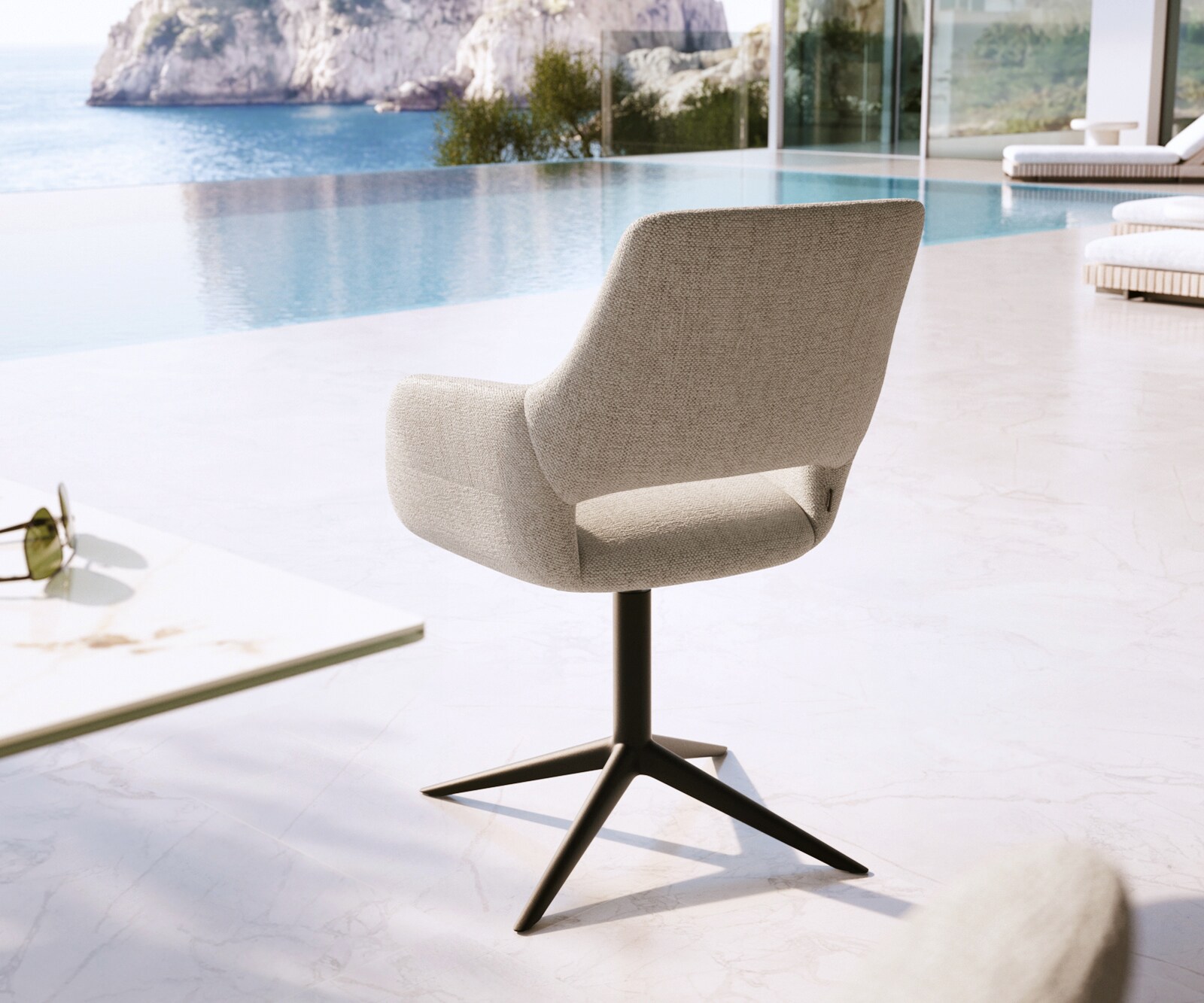 Chaise-d'extérieur Yago-Flex avec accoudoirs tissu texturé gris-blanc pied de chaise 4 branches noir pivotement sur 360° fonction bascule 4