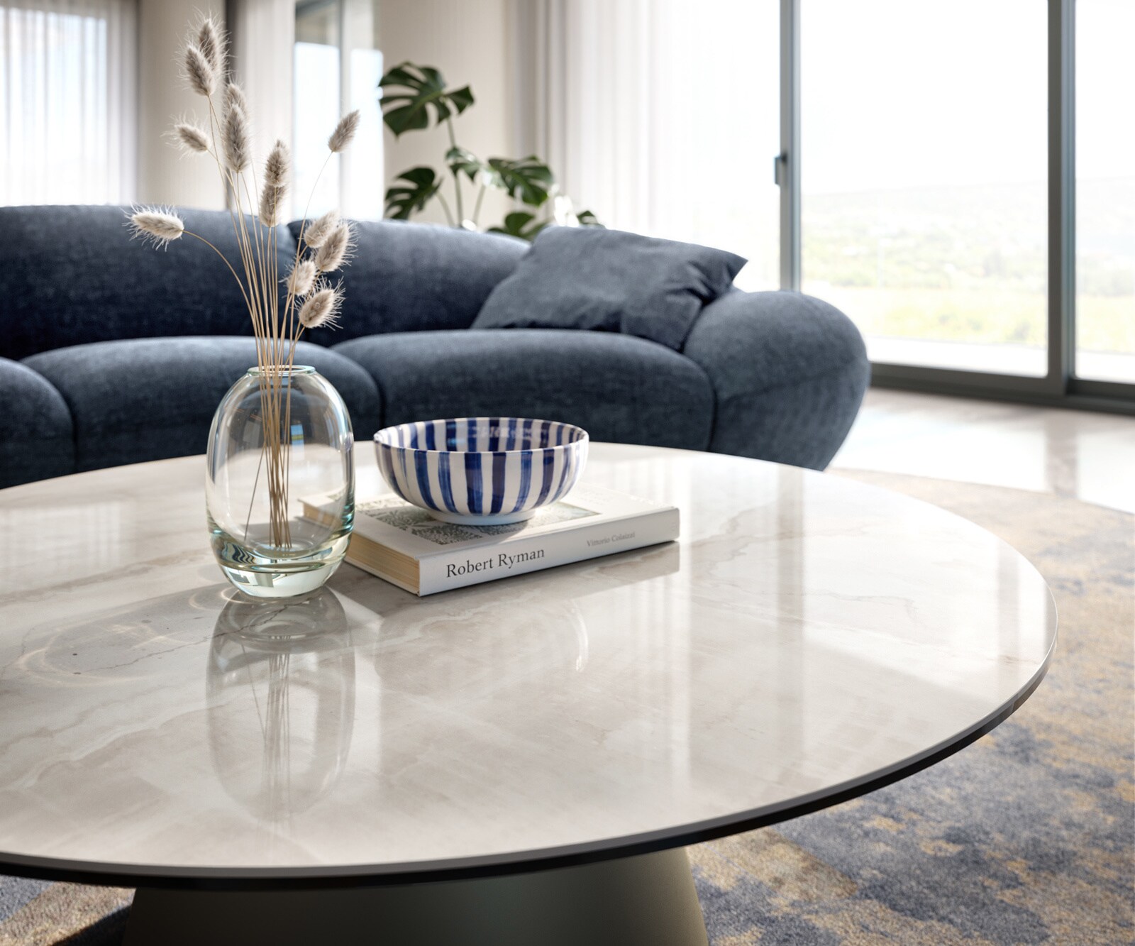 Table basse Edge ronde 100x100 cm céramique Onyx Champagne Borna finition effet titane 6