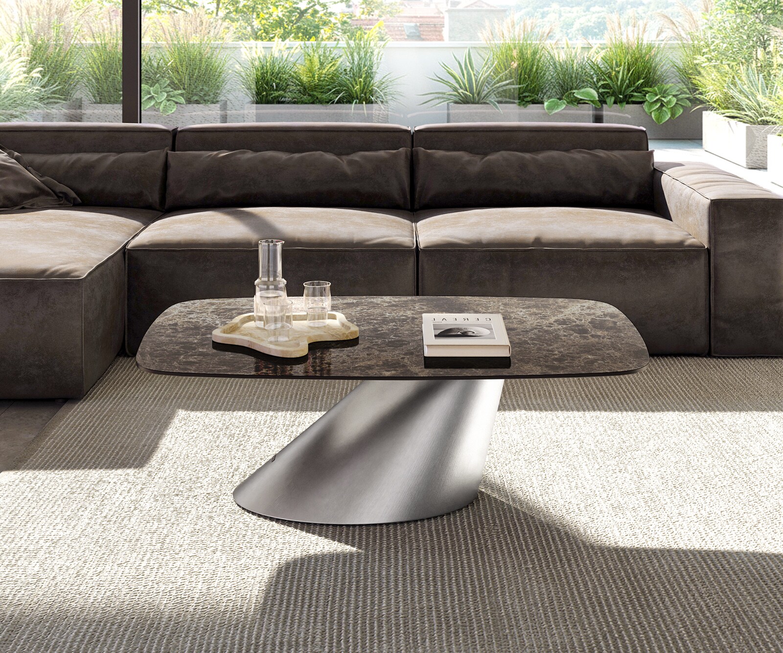 Couchtisch Edge Boot 120x70 cm Keramik Laminam® Emperador Extra Lucidato Dunkelbraun Conis Edelstahl gebürstet 2