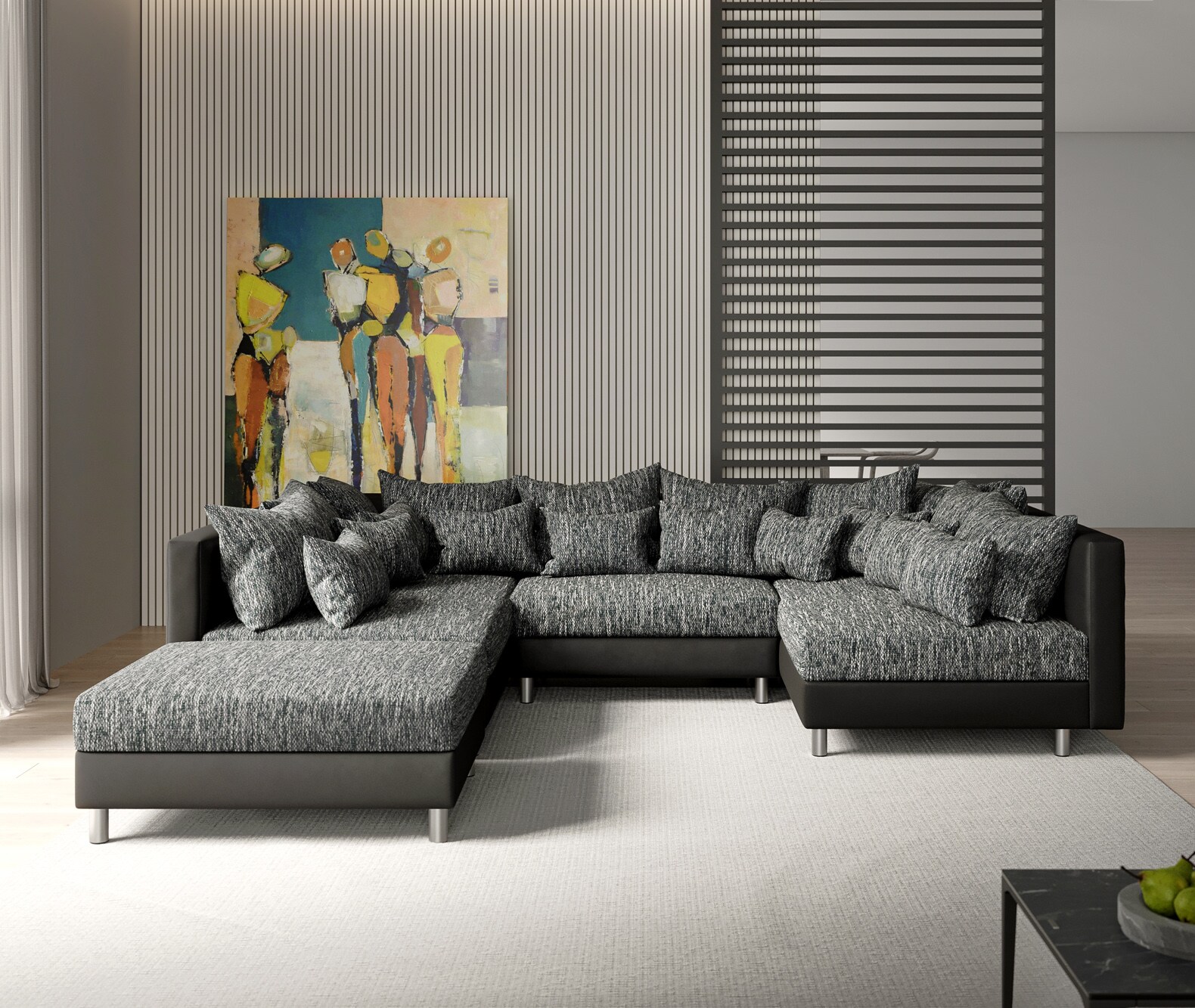 Wohnlandschaft Clovis Schwarz Modulsofa mit Hocker 2