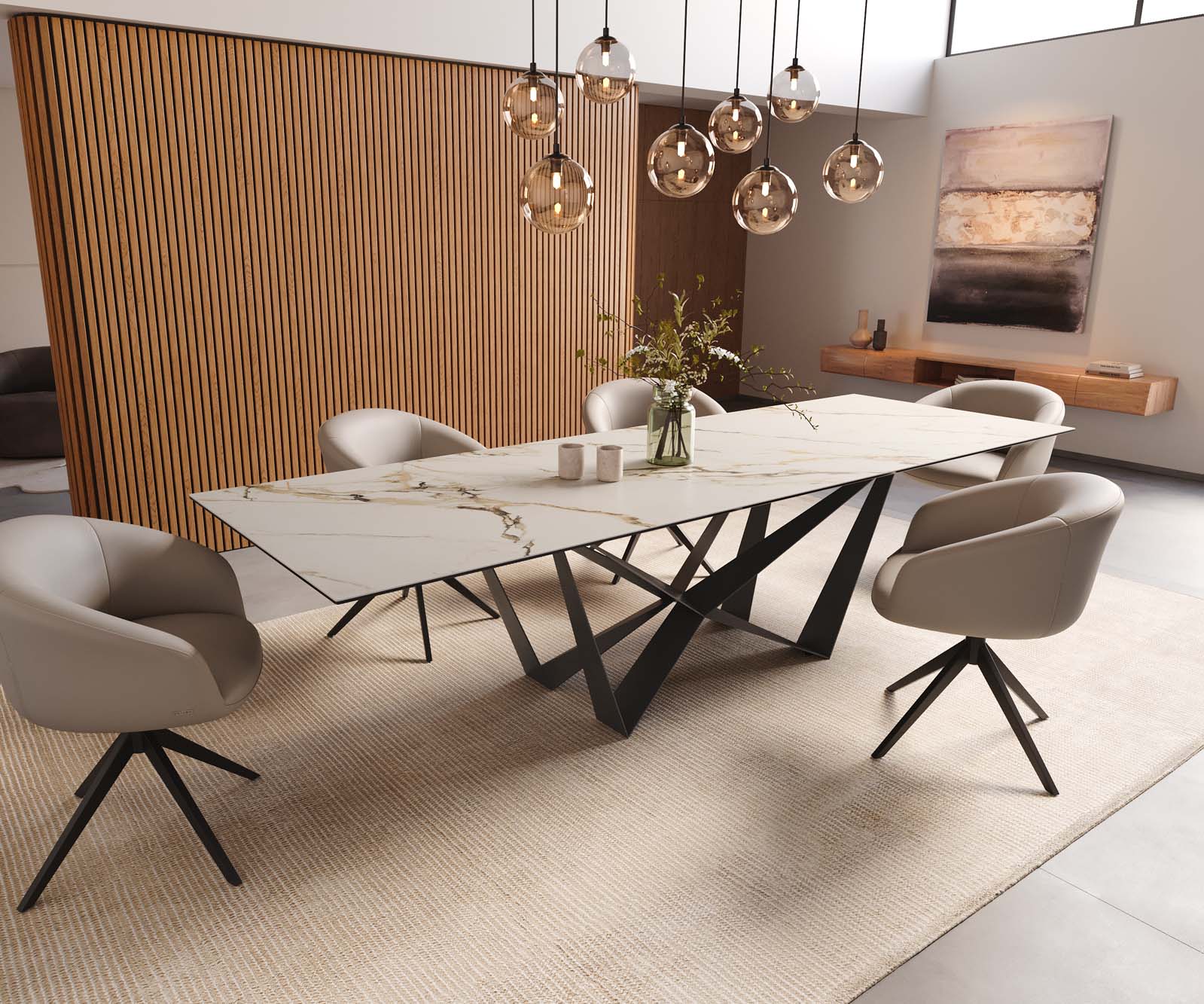 Esstisch Edge 300x100 Keramik Calacatta Luxe Weiß-Gold-Grau Spider Flachstahl Schwarz 8