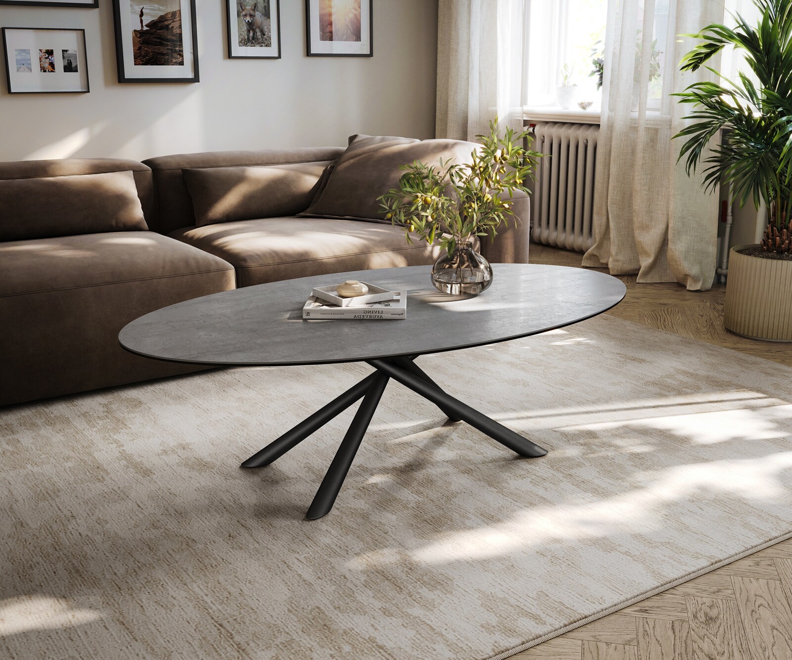 Table basse Edge ovale 140x80 cm céramique béton gris Sarity métal noir