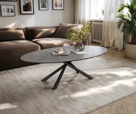Table basse Edge ovale 135x80 cm céramique béton gris Sarity métal noir