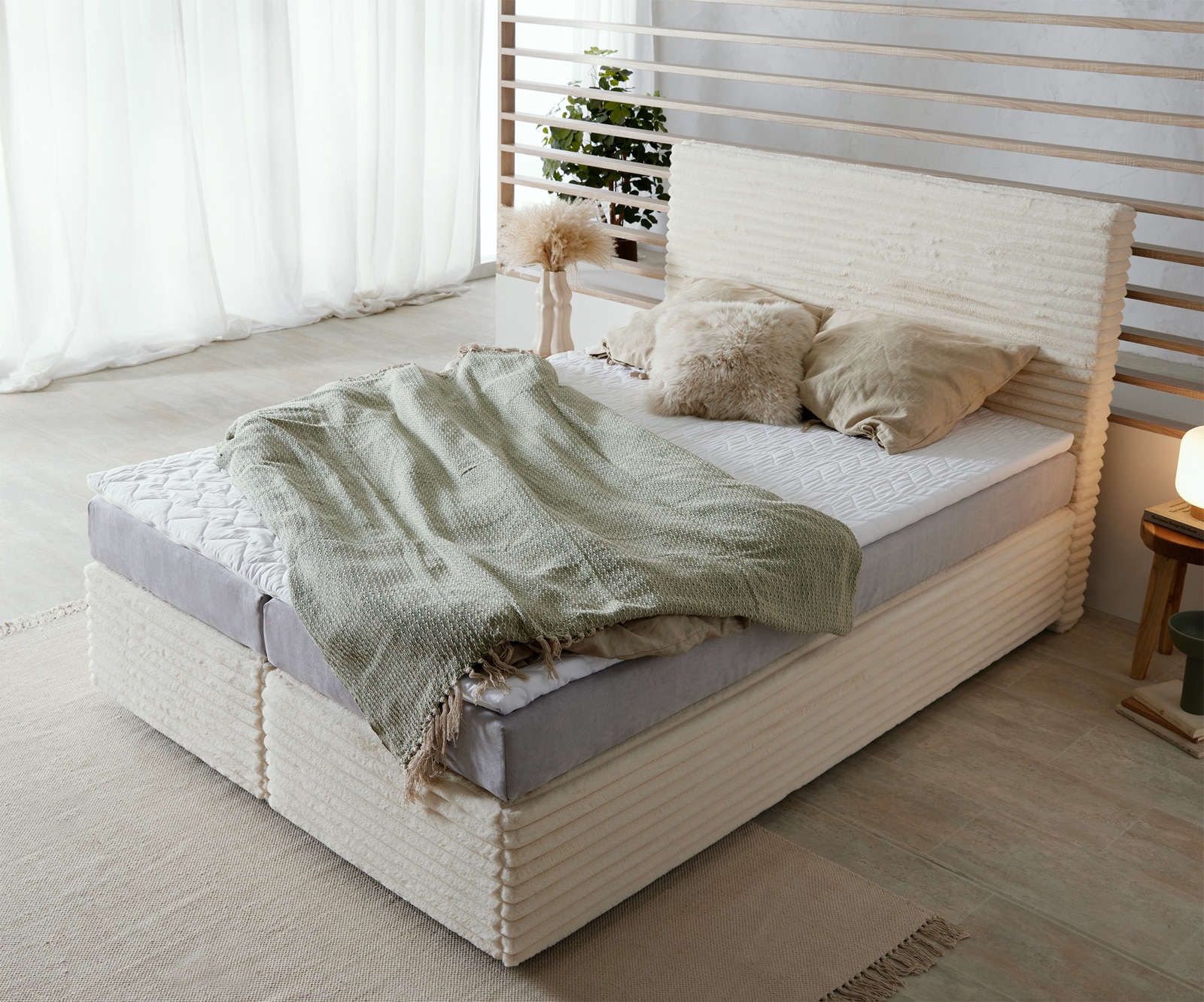 Boxspringbett Dream-Well Plüsch-Cord Beige 140x200 cm TFK-Matratze Visco-Topper 3 Boxspringbett Dream-Well Plüsch-Cord Beige 140x200 cm TFK-Matratze Visco-Topper 3