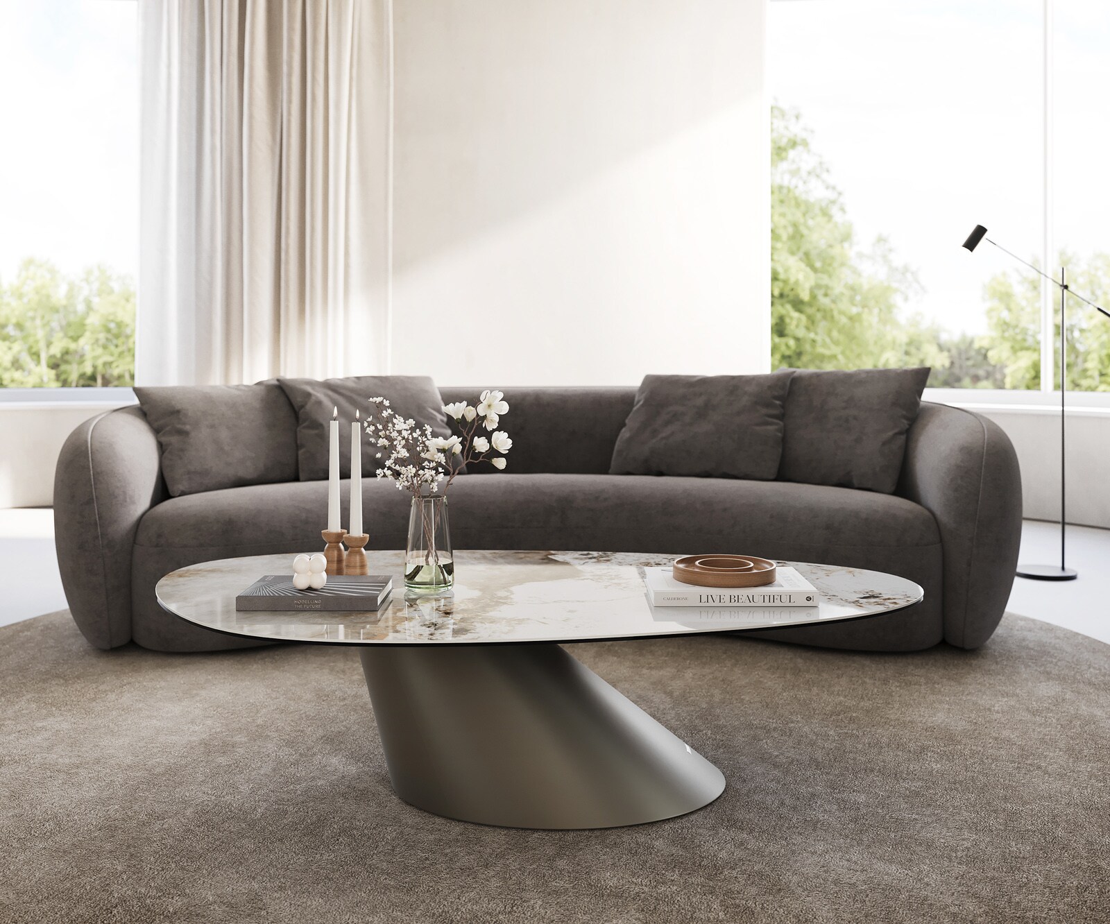 Table basse Edge Oval 140x75 cm céramique Minas Melange Conis Metall finition effet titane 1