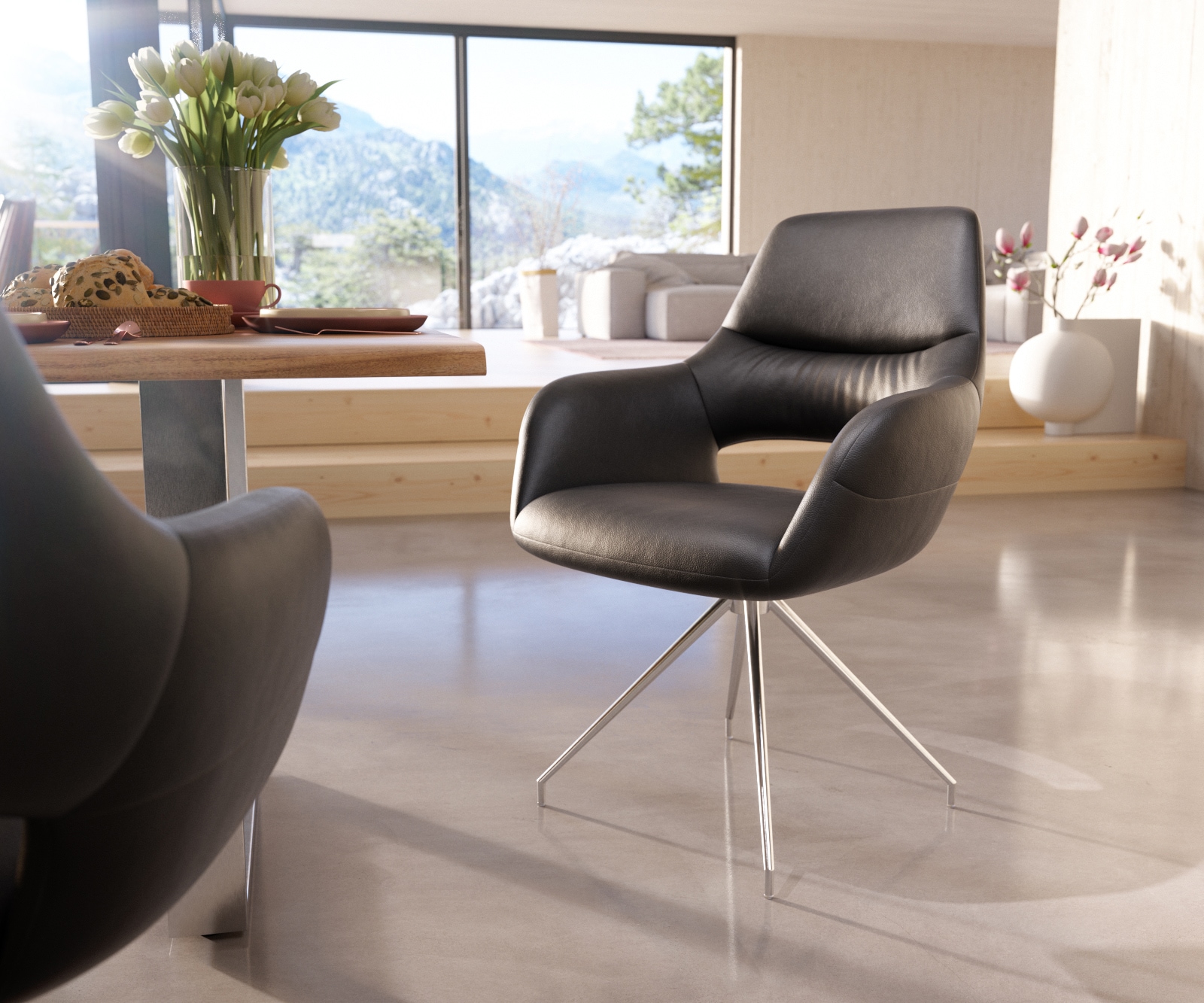 Esszimmerstuhl Yago-Flex mit Armlehnen Echt-Leder Schwarz Kreuzgestell konisch Edelstahl Taschenfederkern Esszimmerstuhl Yago-Flex mit Armlehnen Echt-Leder Schwarz Kreuzgestell konisch Edelstahl Taschenfederkern