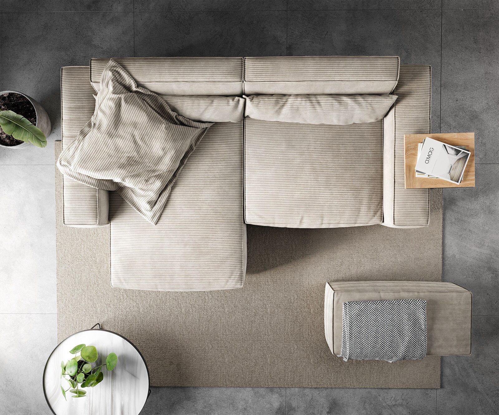 Ecksofa Sirpio L 260x160 cm Cord Beige Recamiere variabel mit Hocker 5