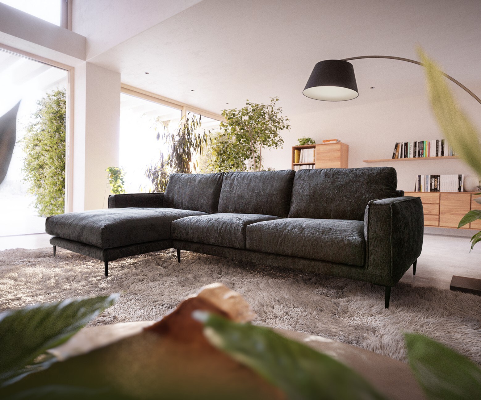 Canapé-d'angle Sottil 290 x 165cm chenille anthracite Recamière gauche