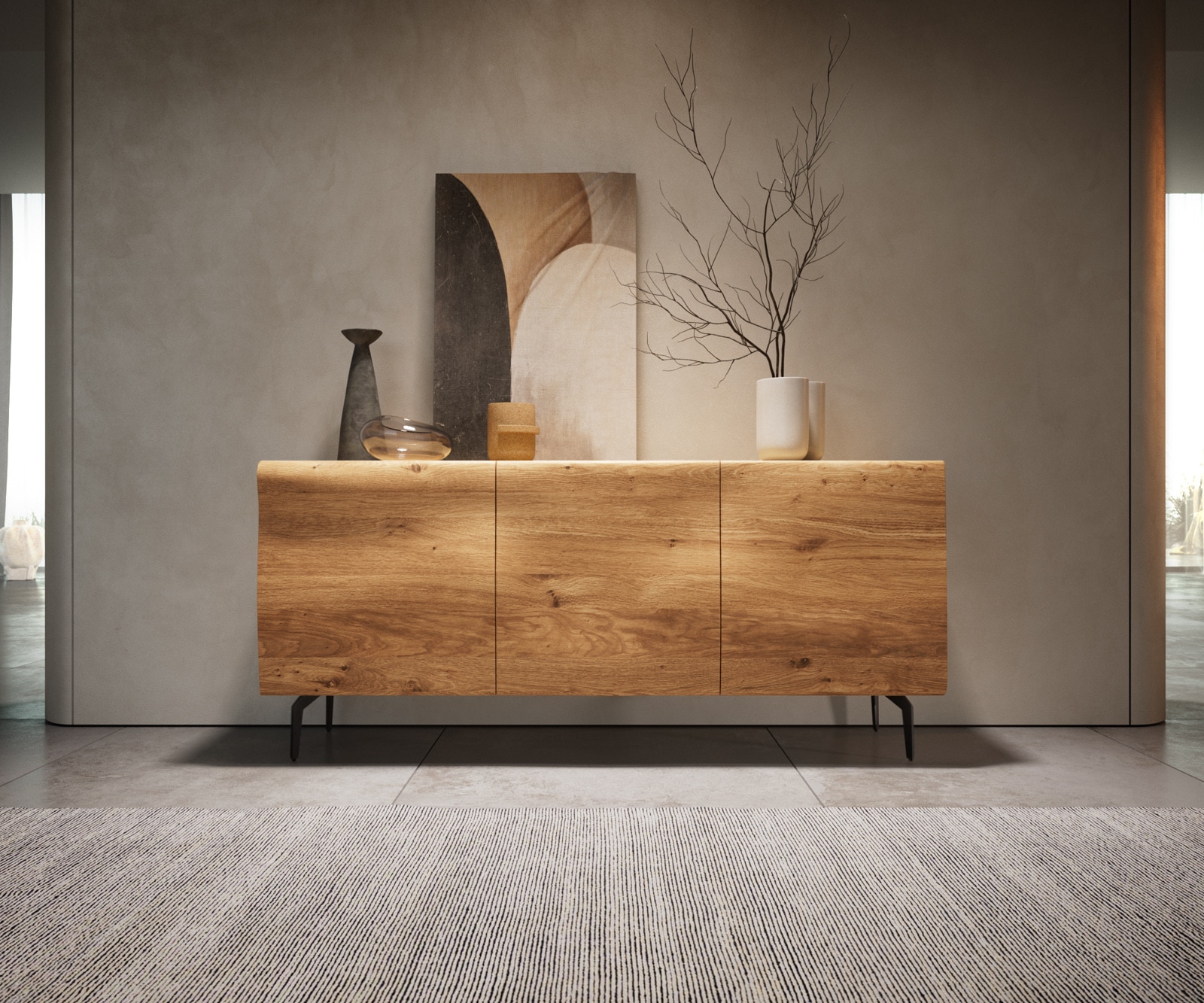 Buffet New Live-Edge 145 cm chêne naturel 3 portes pied équerre métal noir Buffet New Live-Edge 145 cm chêne naturel 3 portes pied équerre métal noir