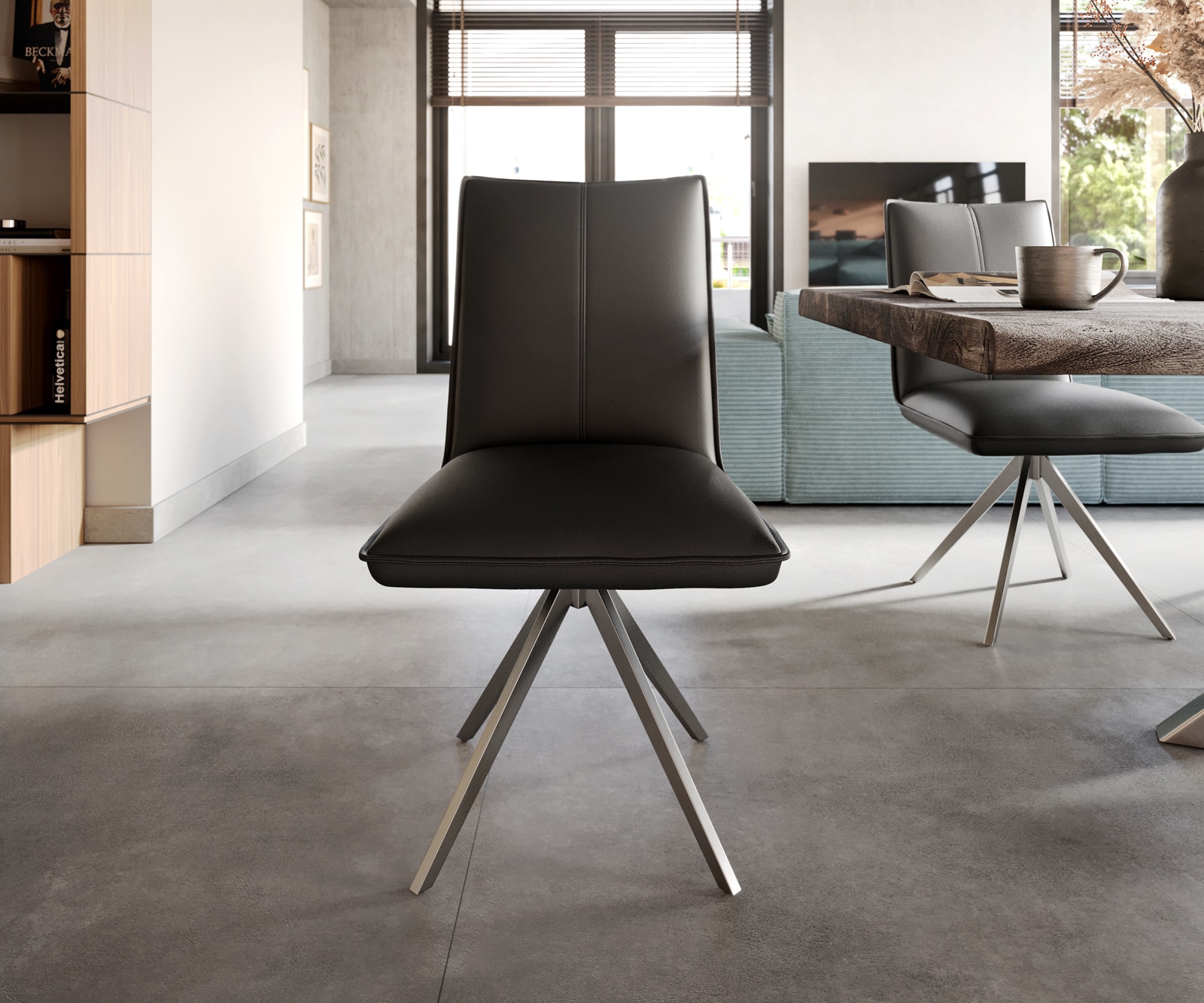 Esszimmerstuhl Lelio-Flex Echt-Leder Schwarz Kreuzgestell breit Edelstahl Taschenfederkern 1 Esszimmerstuhl Lelio-Flex Echt-Leder Schwarz Kreuzgestell breit Edelstahl Taschenfederkern 1