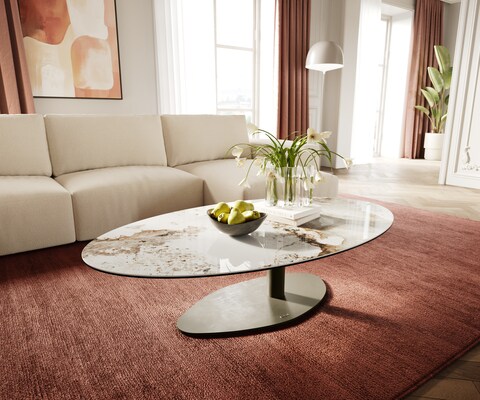 Table basse Edge Oval 140x80 cm céramique Minas Melange Vibany Metall finition effet titane