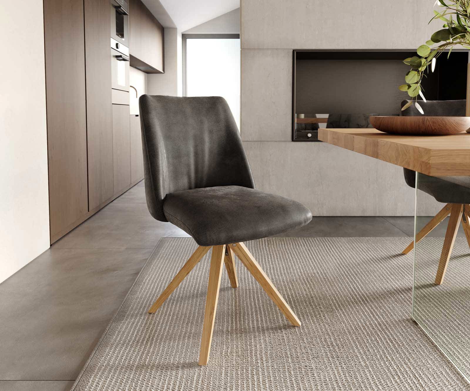 Drehstuhl Elso-Flex Mikrofaser Anthrazit Vintage Holzgestell kantig Natur 180° drehbar Taschenfederkern Drehstuhl Elso-Flex Mikrofaser Anthrazit Vintage Holzgestell kantig Natur 180° drehbar Taschenfederkern