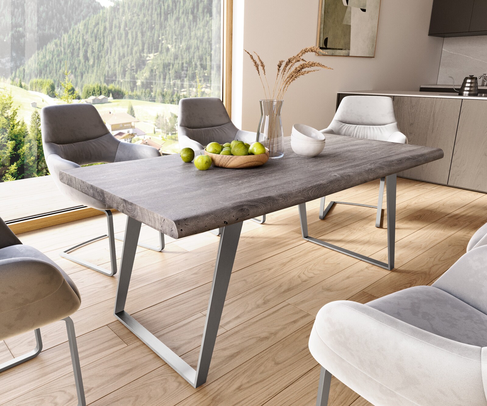 Esstisch Edge 180x90 XL Akazie Platin Metall Schräg Live-Edge