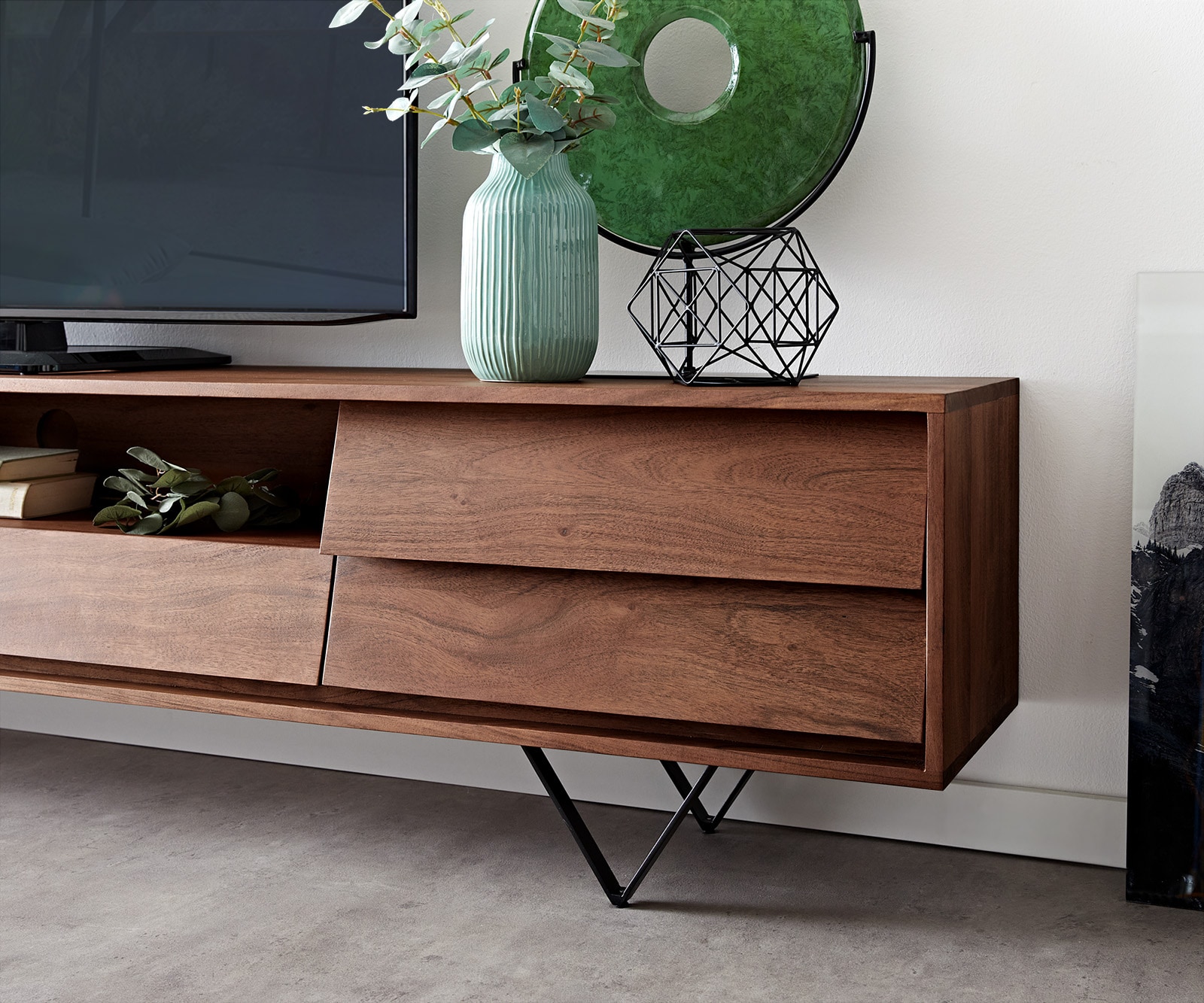 Lowboard Eloi 240x35 cm Akazie Braun 2 Türen 2 Schubladen V-Fuß Schwarz 5 Lowboard Eloi 240x35 cm Akazie Braun 2 Türen 2 Schubladen V-Fuß Schwarz 5