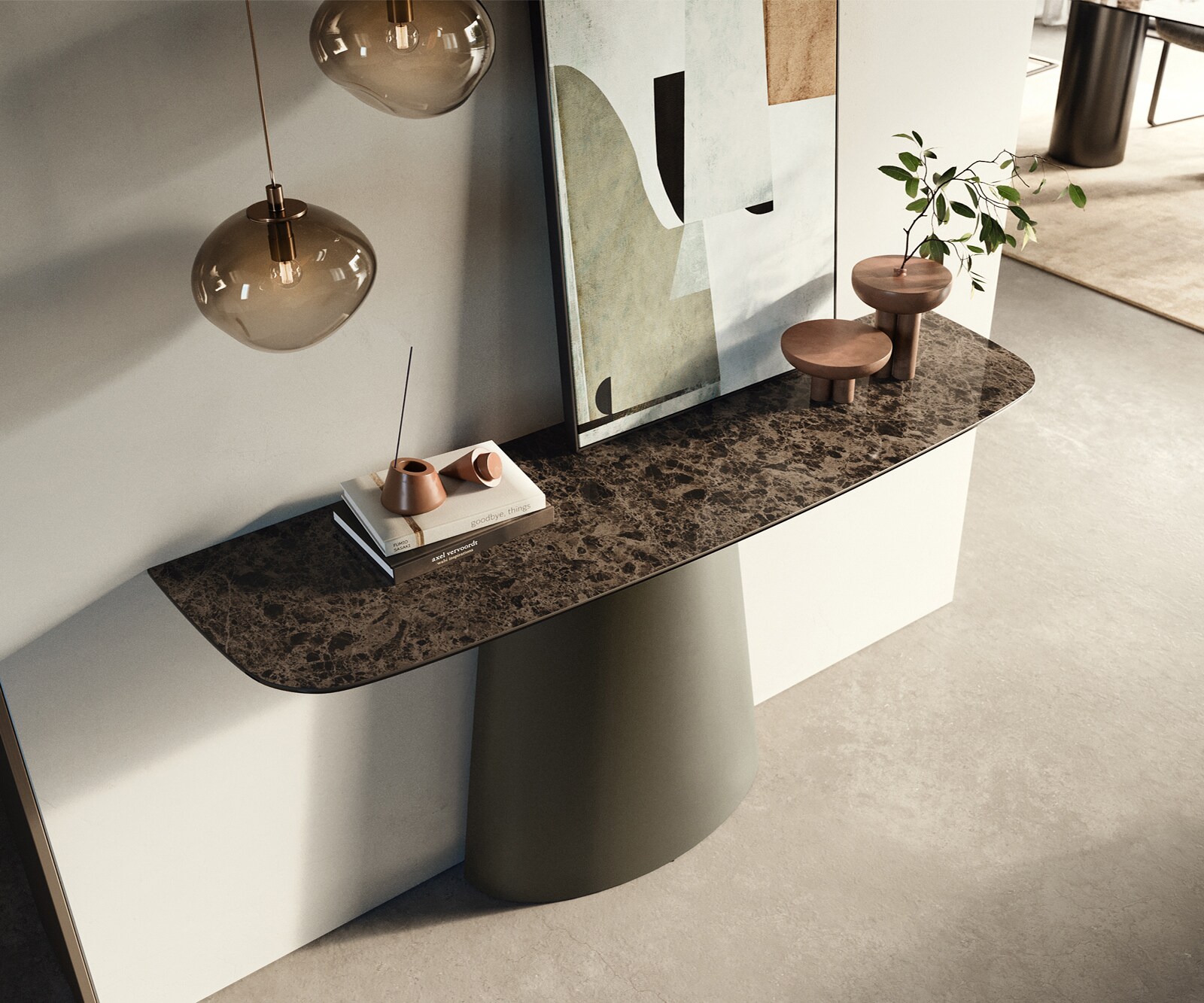 Console Edge forme bateau 140x40 cm Céramique Emperador Extra Lucidato Dunkelbraun Conos Métal Effektfinish Titan 2