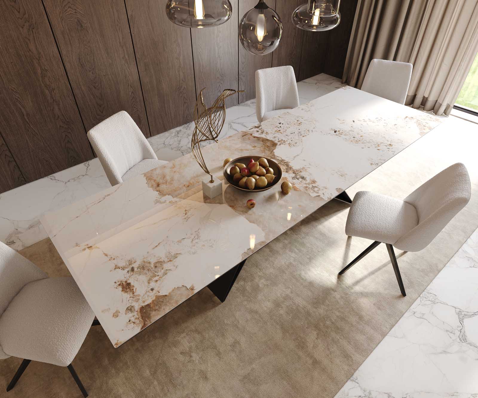 Table à manger Edge 300x100 céramique Minas mélange blanc-beige cadre en V acier plat noir 5