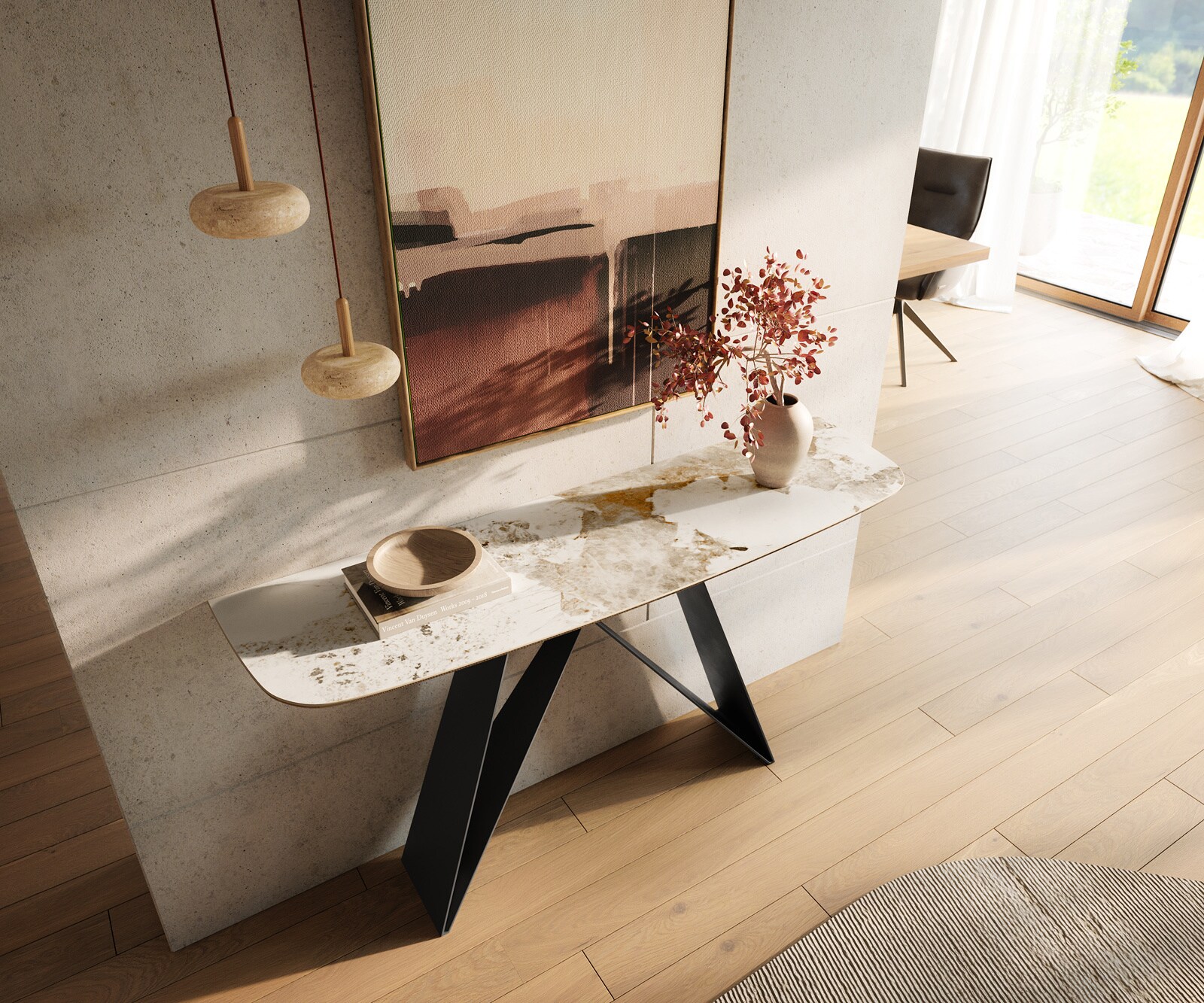 Console Edge forme bateau 140x40 cm Céramique Minas Melange Weiß-Beige Velio Métal Noir 2