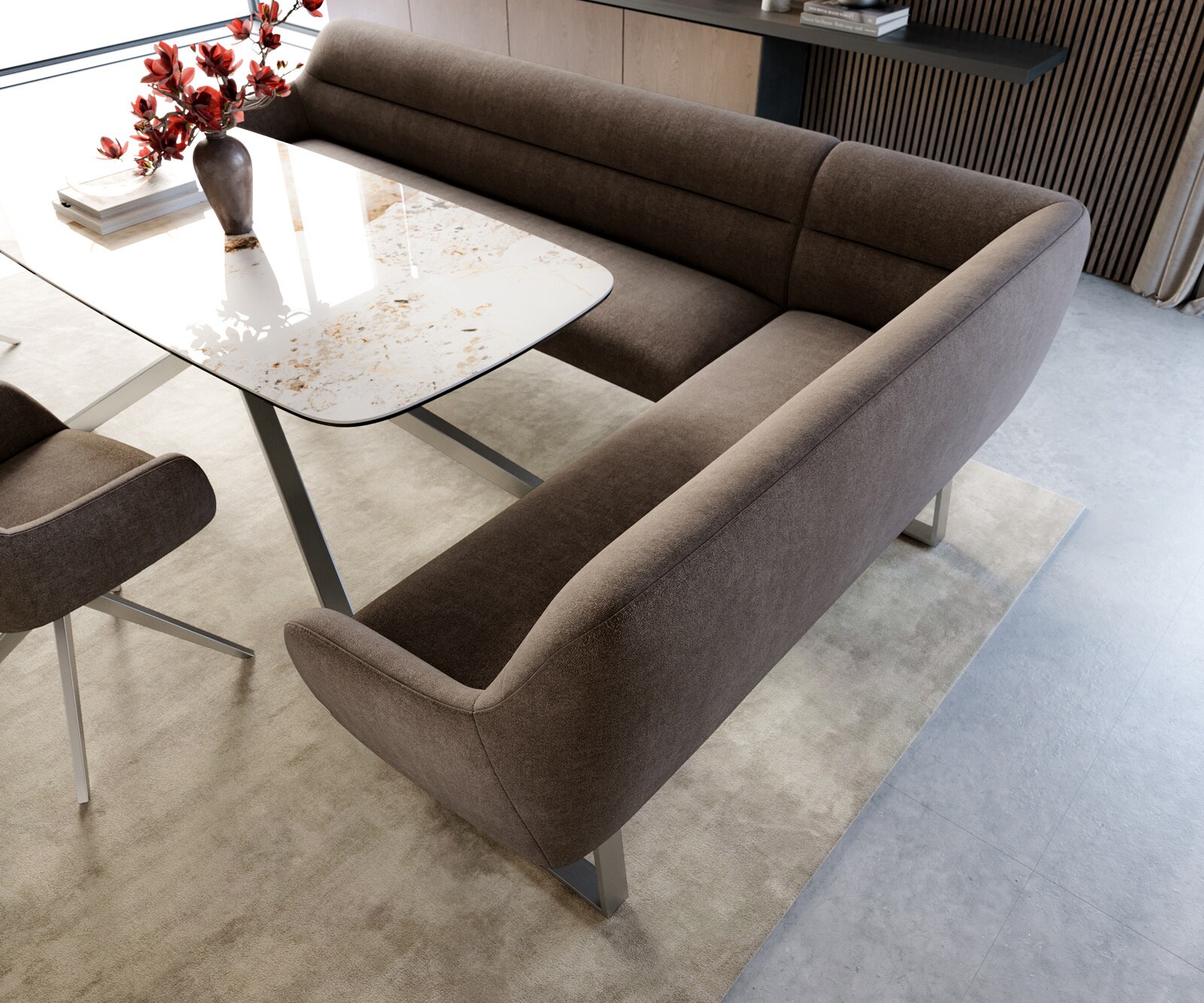 Esszimmerbank Taya-Flex 285x190 cm Strukturstoff Soft Taupe Kufengestell kantig Edelstahl Taschenfederkern Links 3