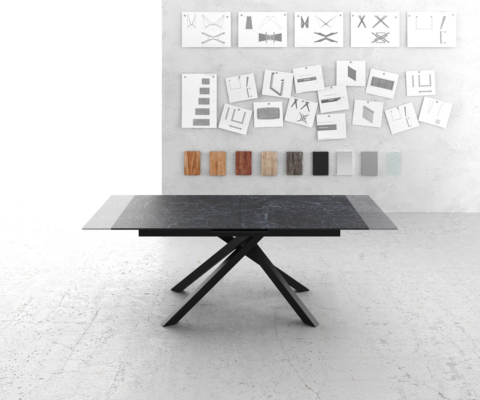 Esstisch Edge 180-220x100cm Keramik Laminam®Nero Greco Anthrazit Kreuzgestell Rechteck Schwarz ausziehbar 5