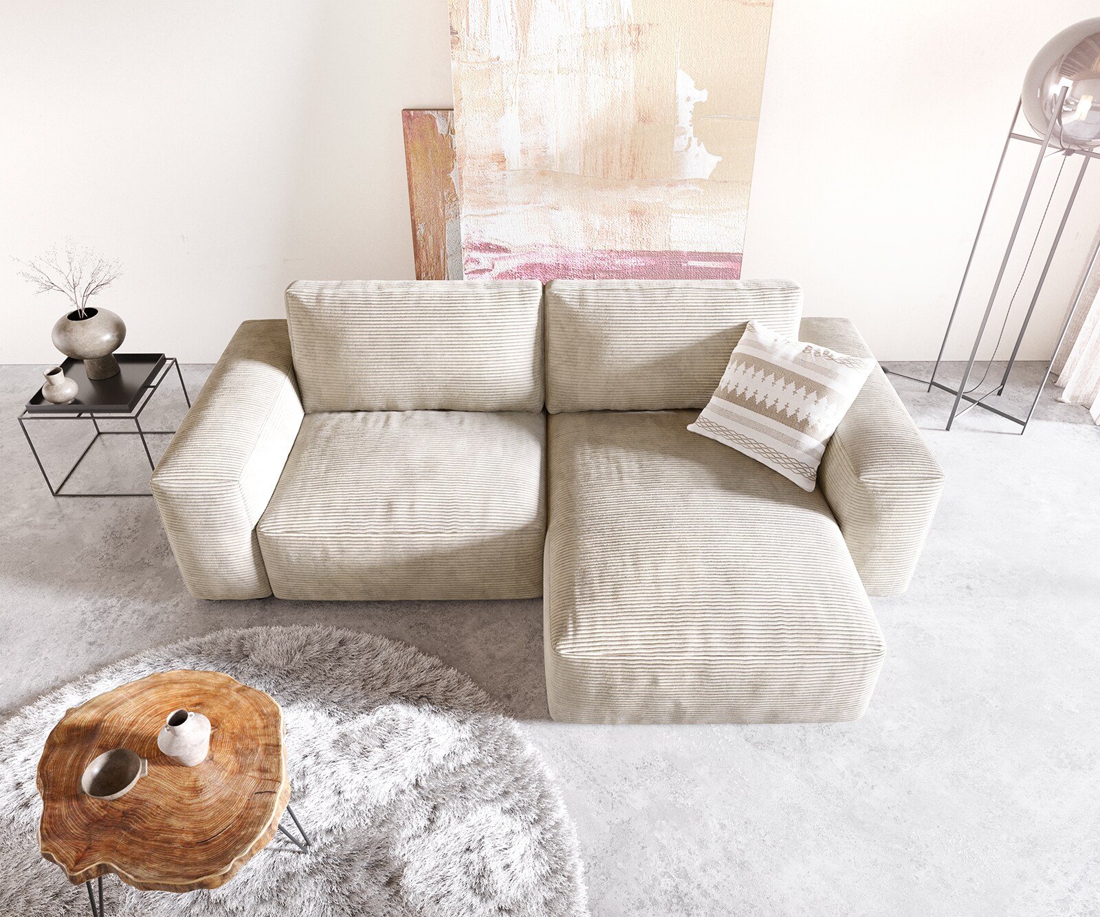 Canapé d’angle Lanzo 230x155 cm velours côtelé beige méridienne réversible 3
