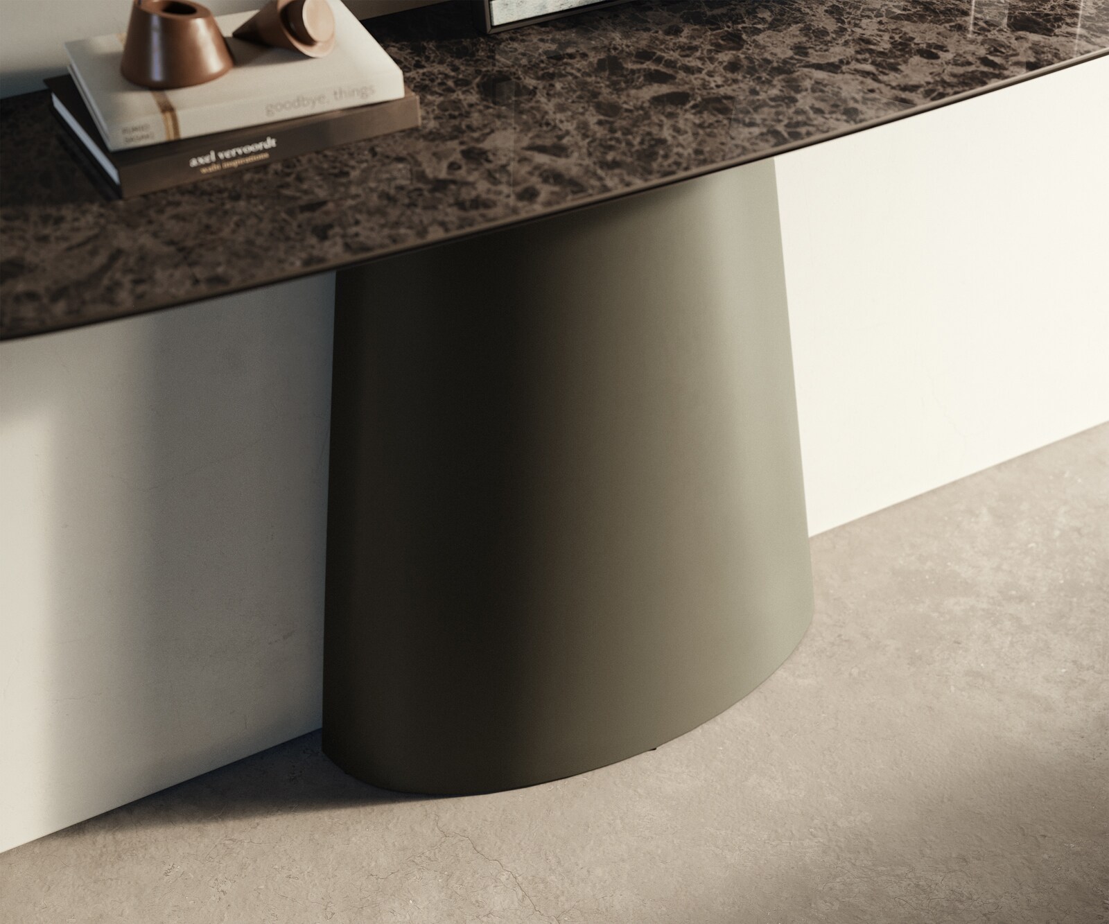 Console Edge forme bateau 140x40 cm Céramique Emperador Extra Lucidato Dunkelbraun Conos Métal Effektfinish Titan 6