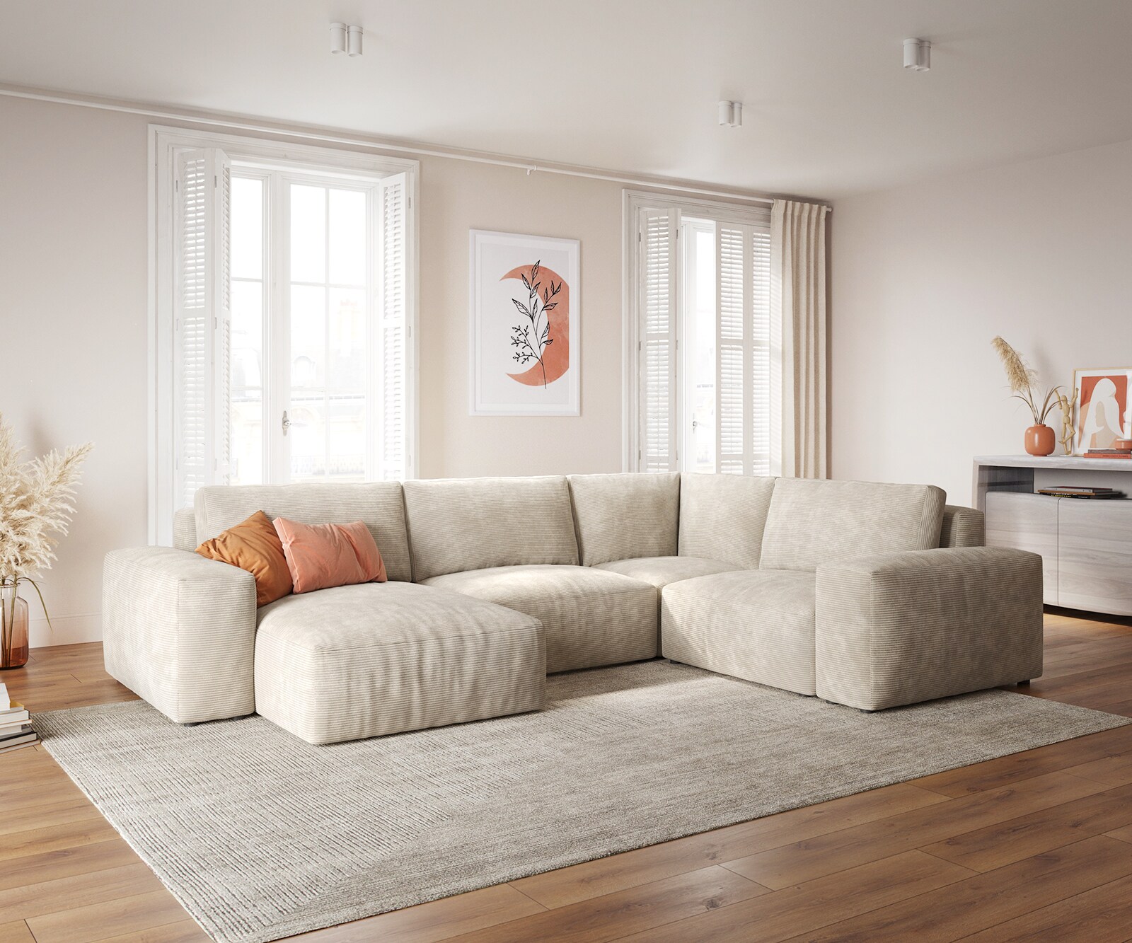 Canapé panoramique Lanzo XL 360x260 cm Velours côtelé Beige Recamière variable 3