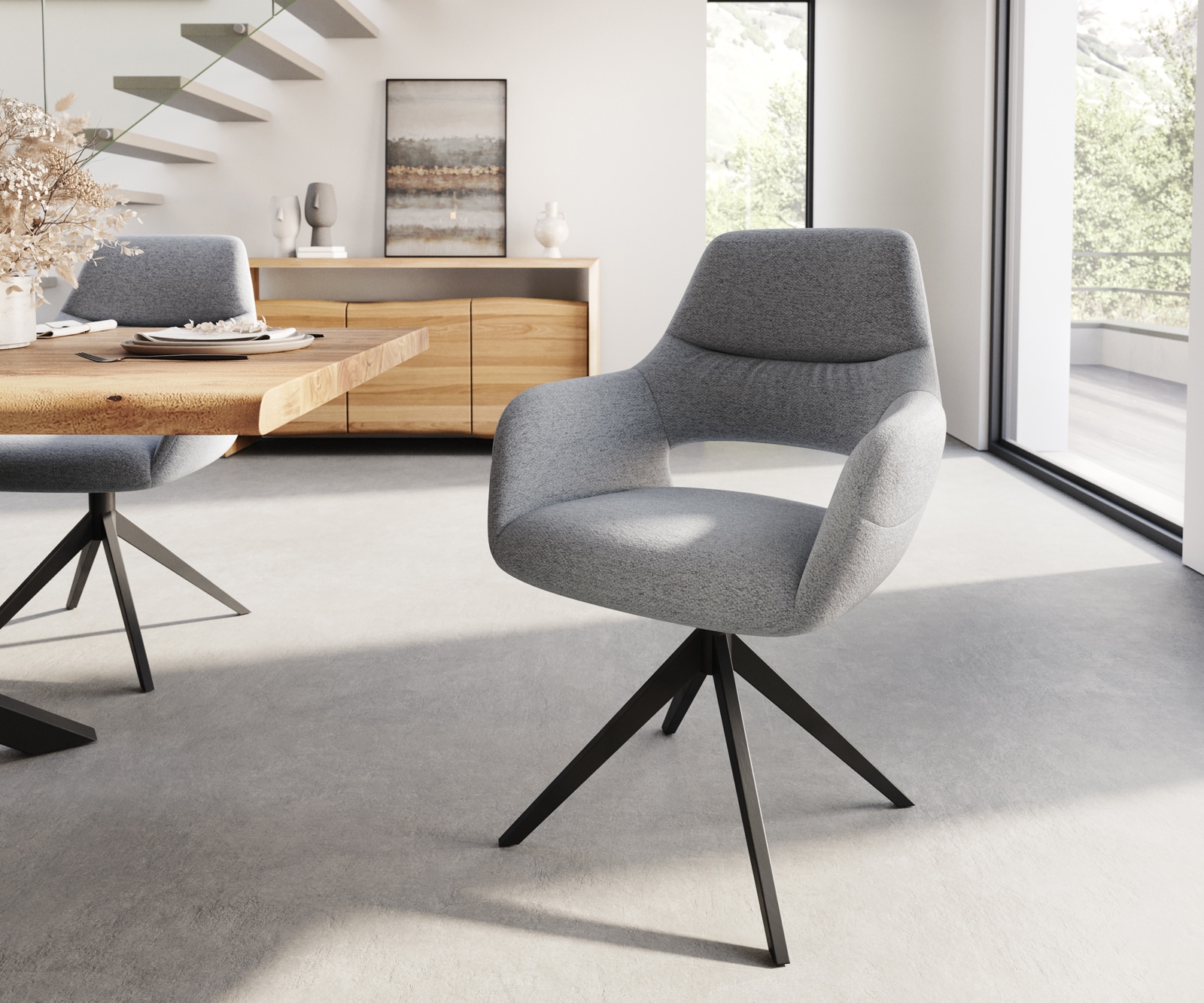 Esszimmerstuhl Yago-Flex mit Armlehnen Strukturstoff Hellgrau Kreuzgestell breit Schwarz Taschenfederkern Esszimmerstuhl Yago-Flex mit Armlehnen Strukturstoff Hellgrau Kreuzgestell breit Schwarz Taschenfederkern