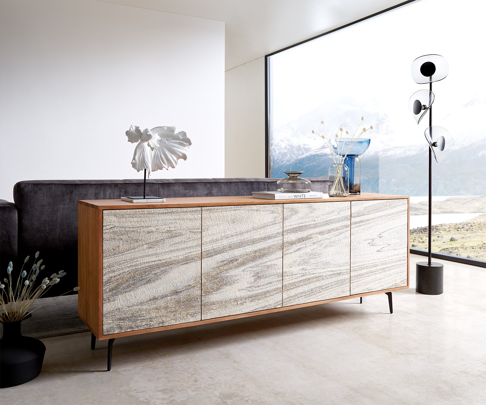 Commode Kleo 175 cm acacia naturel 4 portes pieds en V inox 5