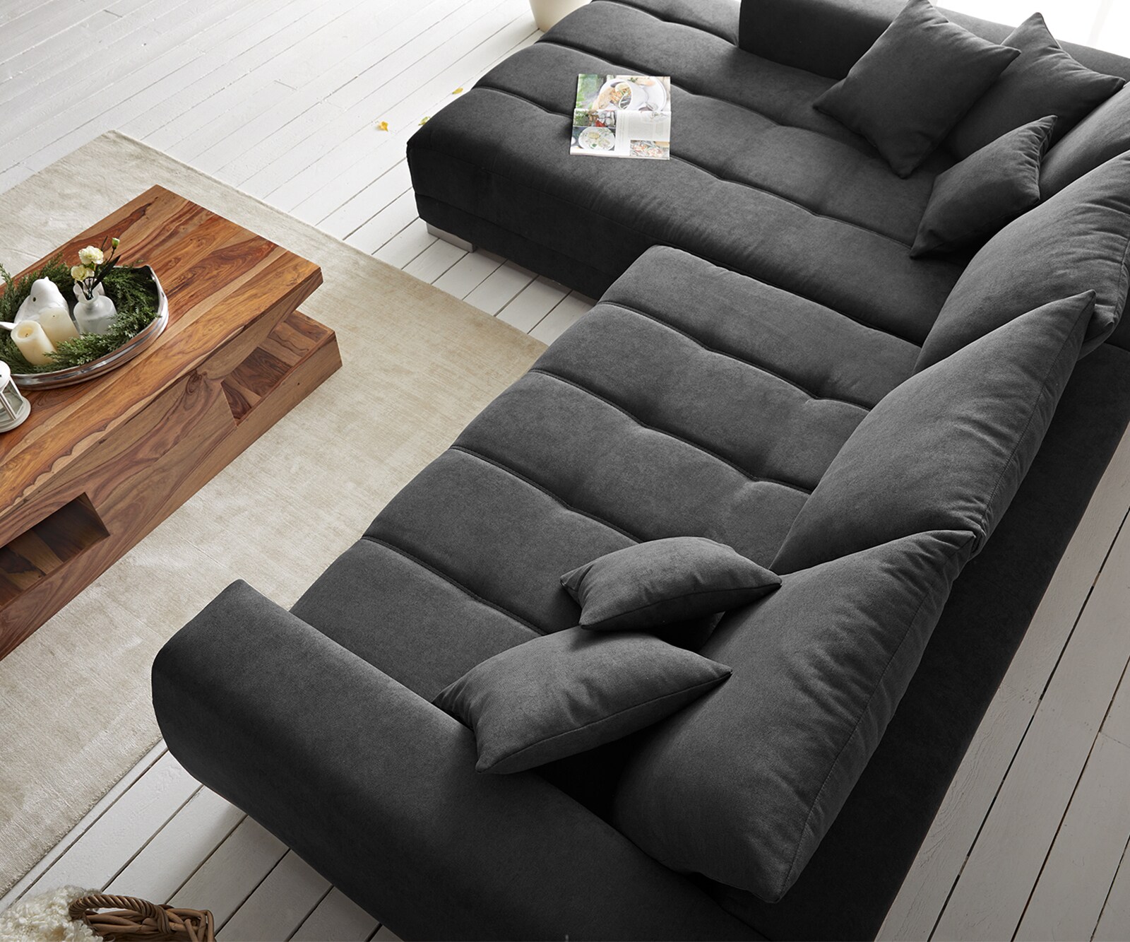 Canapé-panoramique Josea 300x220 cm microfibre noir recamière à gauche 5