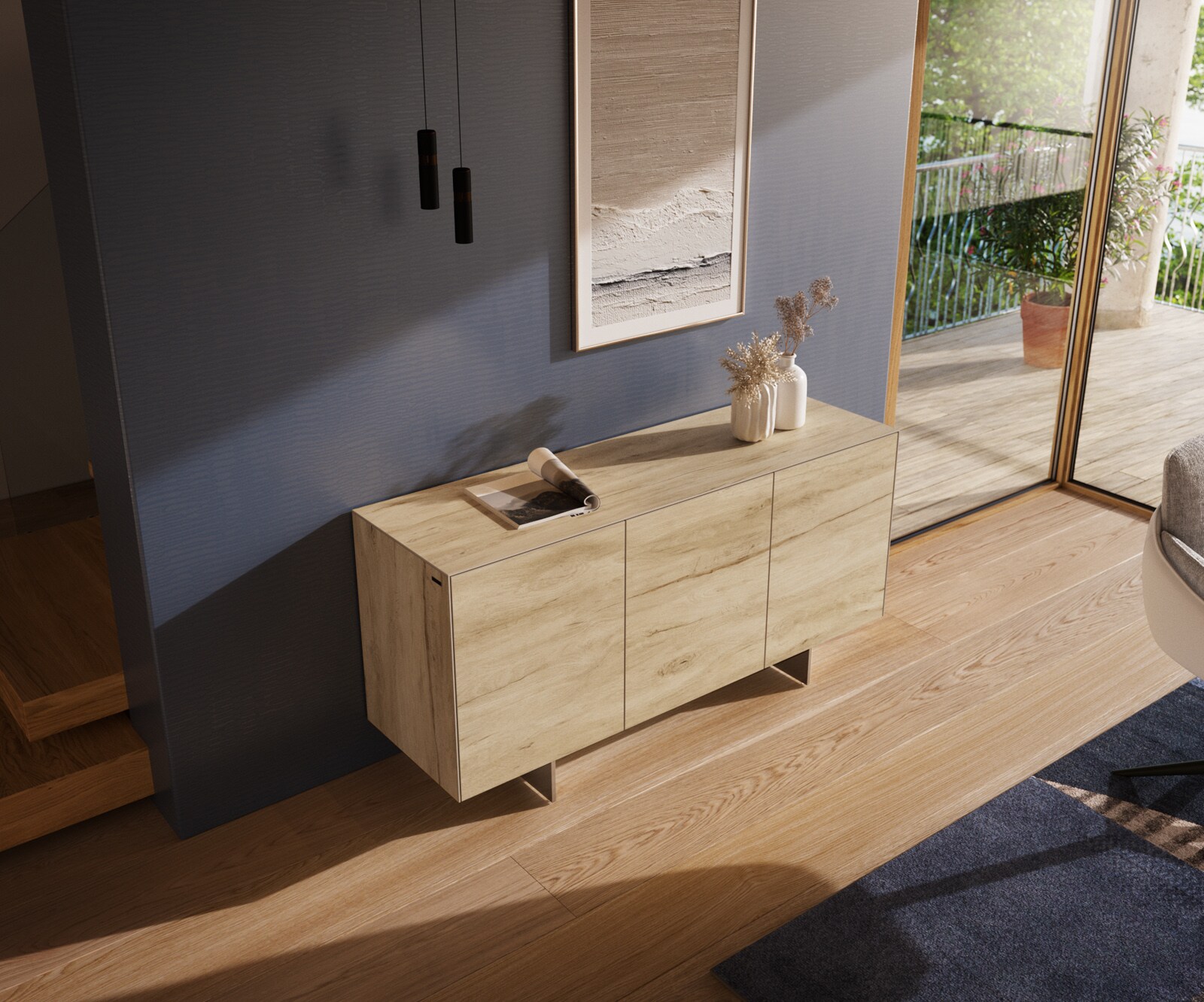 Buffet Cuor 150 cm Céramique Laminam® Sabbia Teinte chêne 3 Portes Pied optique flottant Ancier inoxydable 4