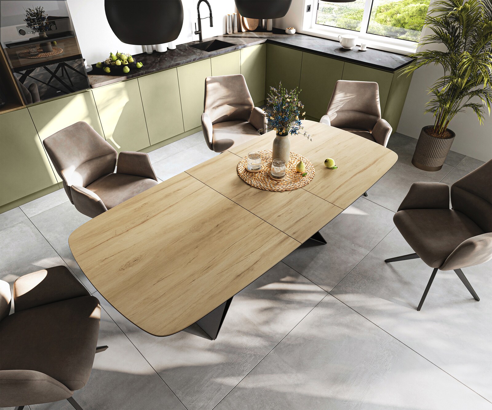 Esstisch Edge Boot 180-220x100 cm Keramik Laminam® Sabbia Eichefarbig V-Gestell Flachstahl Schwarz ausziehbar 3