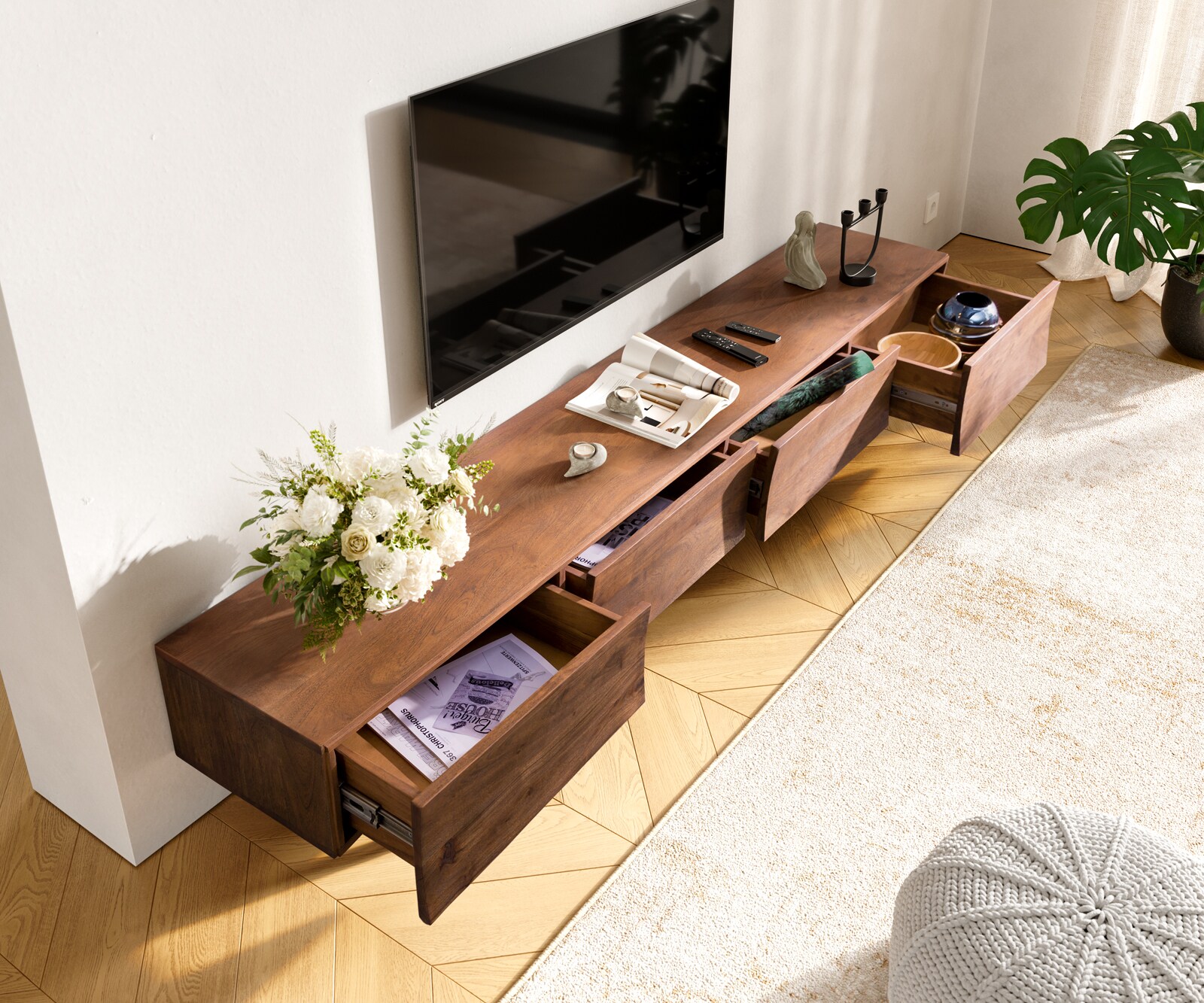 Meuble TV Wyatt 220 cm acacia brun 4 tiroirs pied en V inoxydable 1