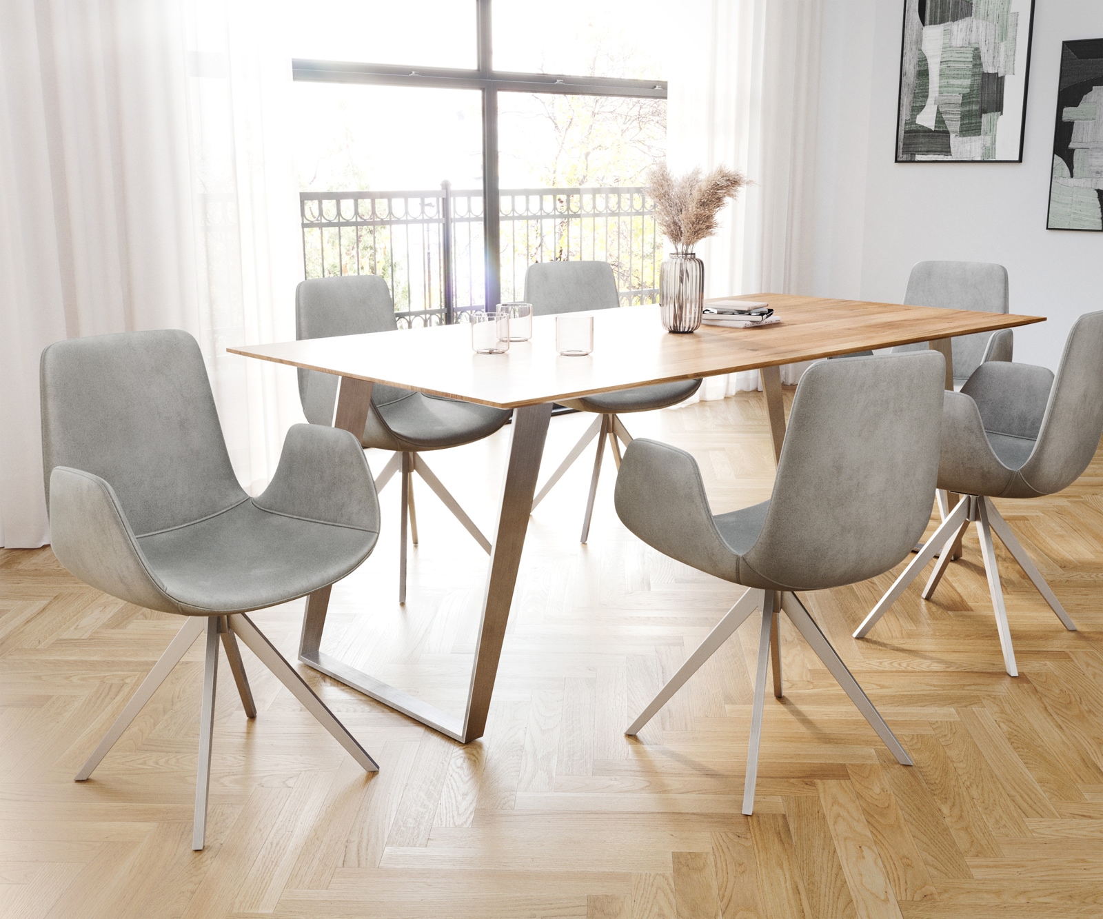 Esszimmerstuhl Ilia-Flex mit Armlehnen Samt Grau Kreuzgestell kantig Edelstahl 3 Esszimmerstuhl Ilia-Flex mit Armlehnen Samt Grau Kreuzgestell kantig Edelstahl 3