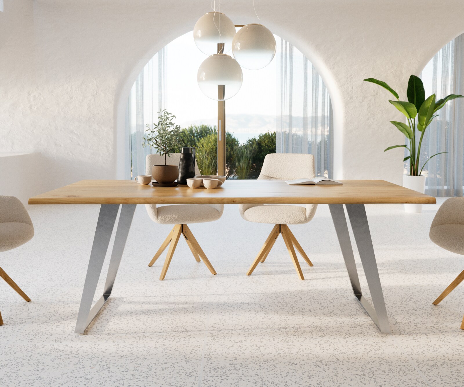 Table à manger Edge 200x100x2,5-3 chêne nature acier inoxydable inclinée Live-Edge 1