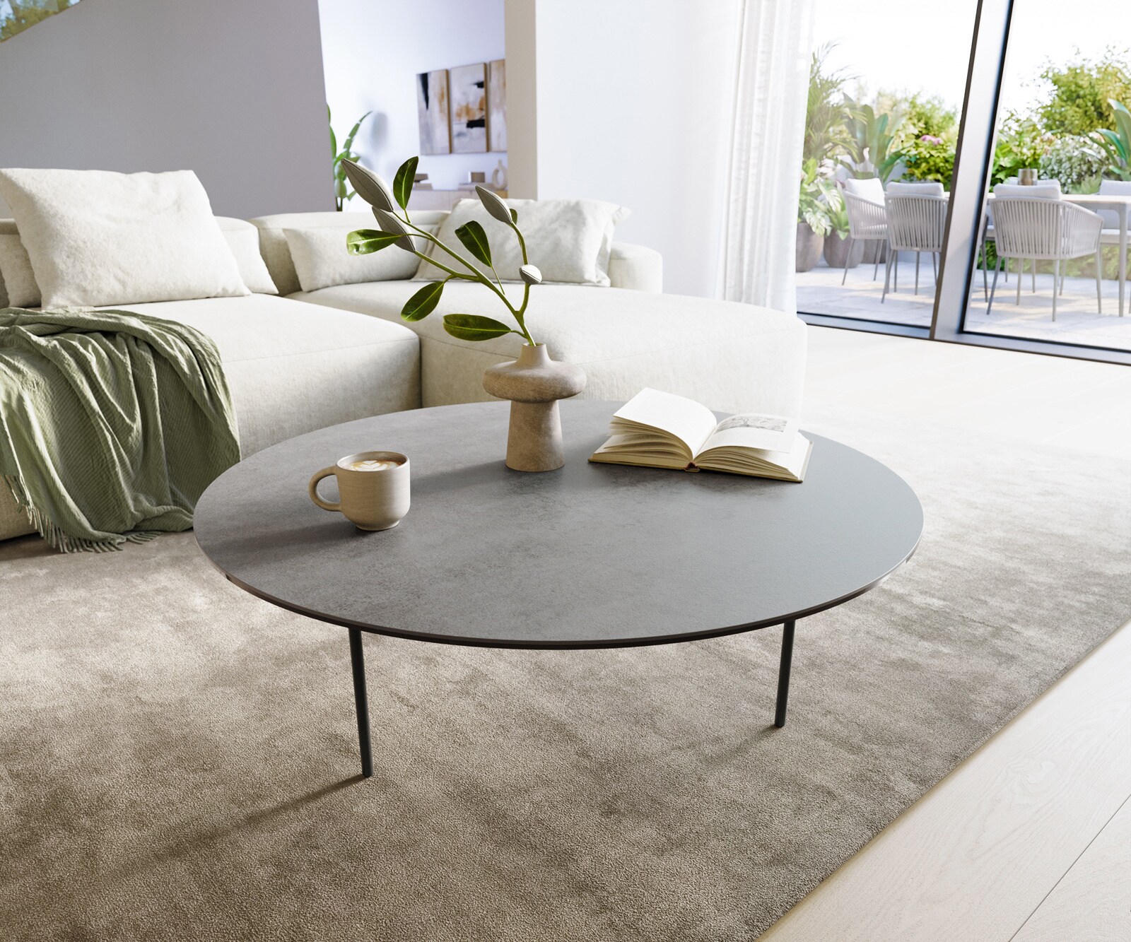 Table basse Edge ronde 100x100 cm céramique béton gris Trive métal noir