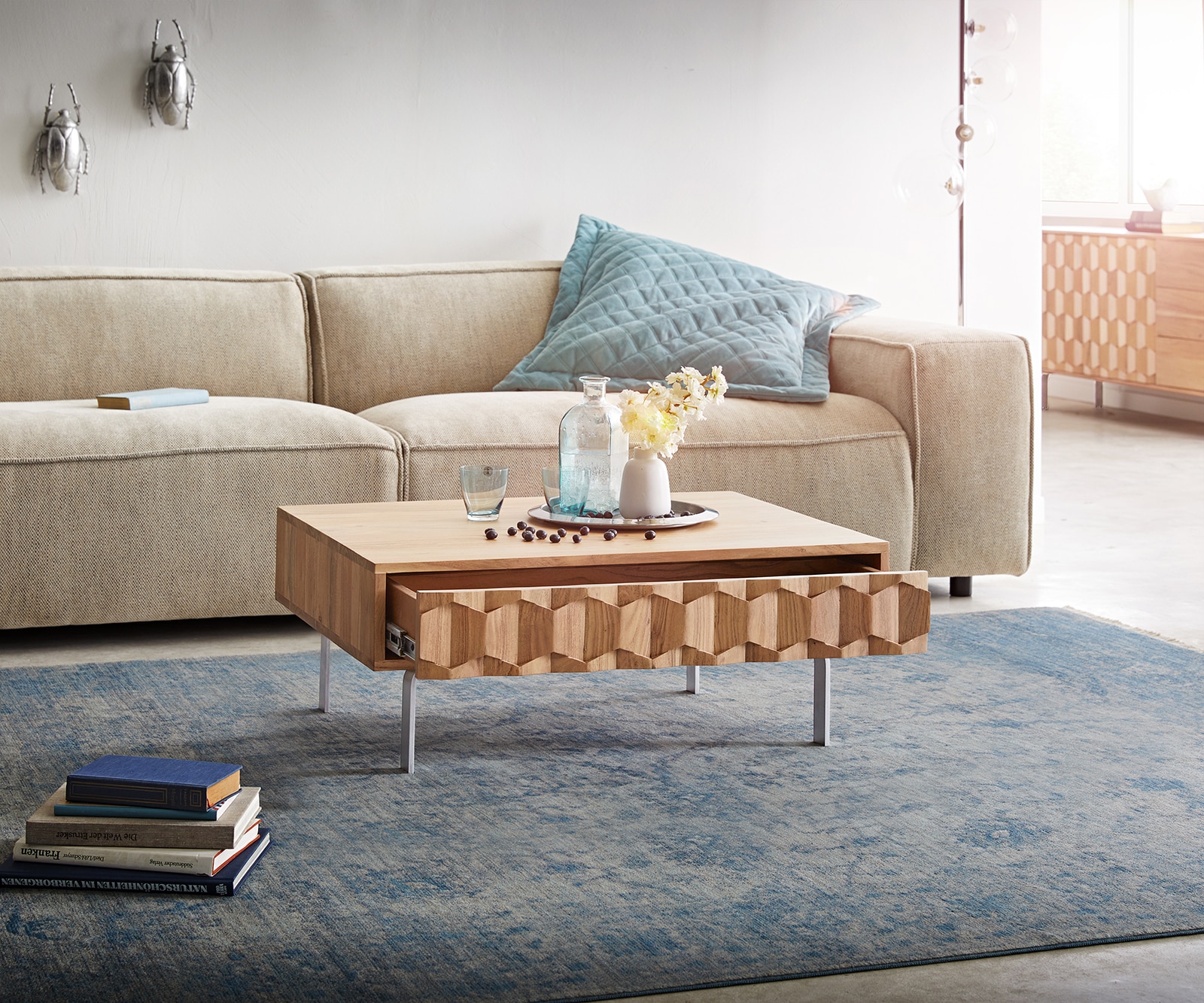 Couchtisch Fevo 80x60 cm Akazie Natur L-Fuß Edelstahl 3 Couchtisch Fevo 80x60 cm Akazie Natur L-Fuß Edelstahl 3