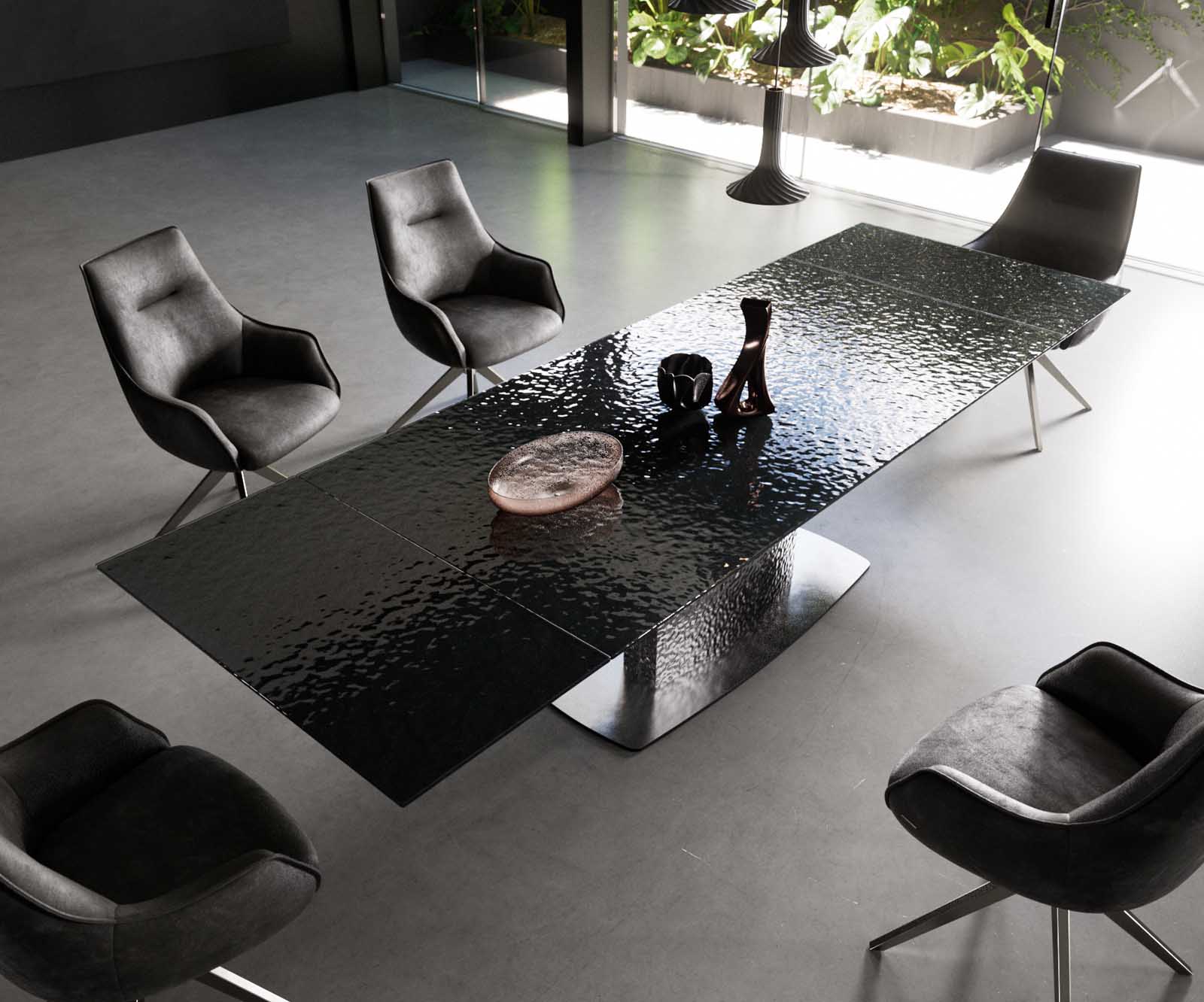 Table à manger Edge 200-300x100 verre fondu noir fumé relief en 3D Wave acier inoxydable extensible 4