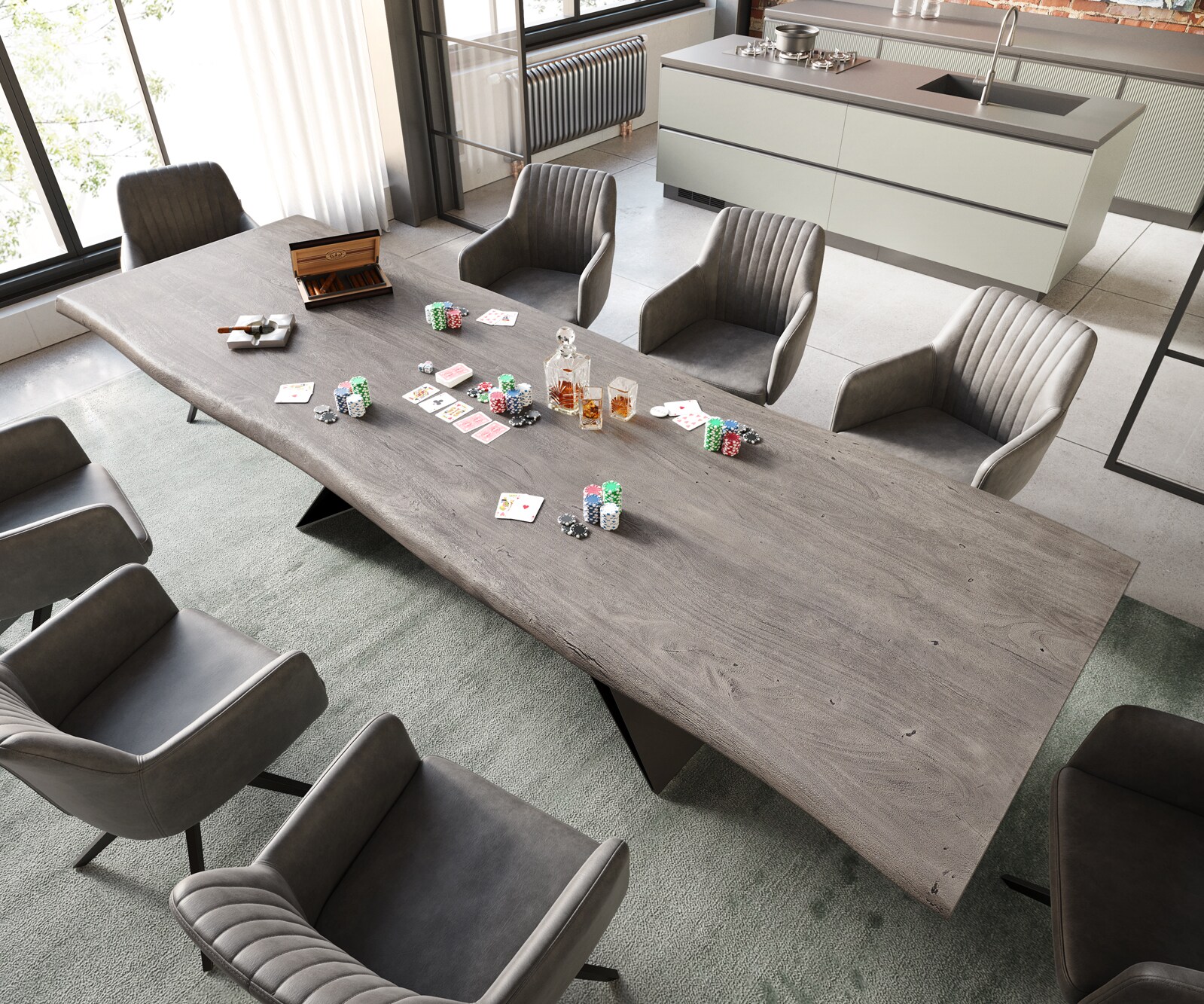 Table à manger Edge 300x100 XL acacia platine cadre en V acier plat noir Live-Edge 2