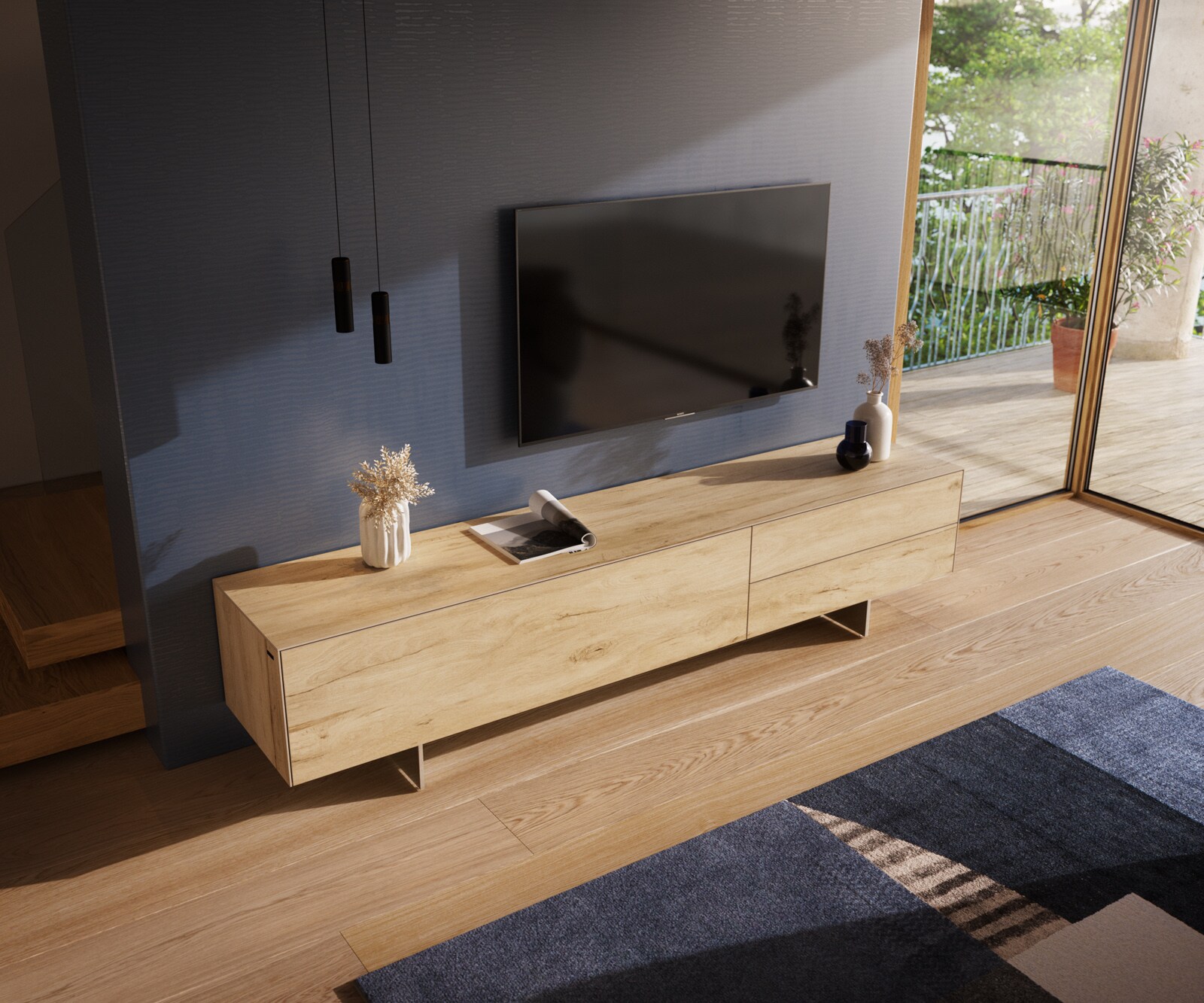 Lowboard Cuor 220 cm Keramik Laminam® Sabbia Eichefarbig 1 Klappe 2 Schubfächer Fuß Schwebeoptik Edelstahl 3