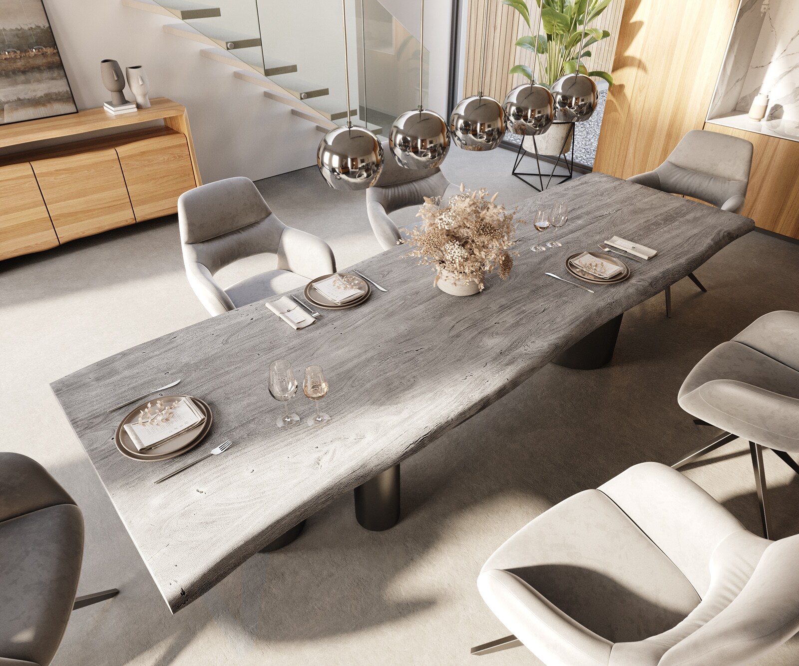 Esstisch Edge 300x100 XL Akazie Platin Troa Edelstahl Graphit Live-Edge 4