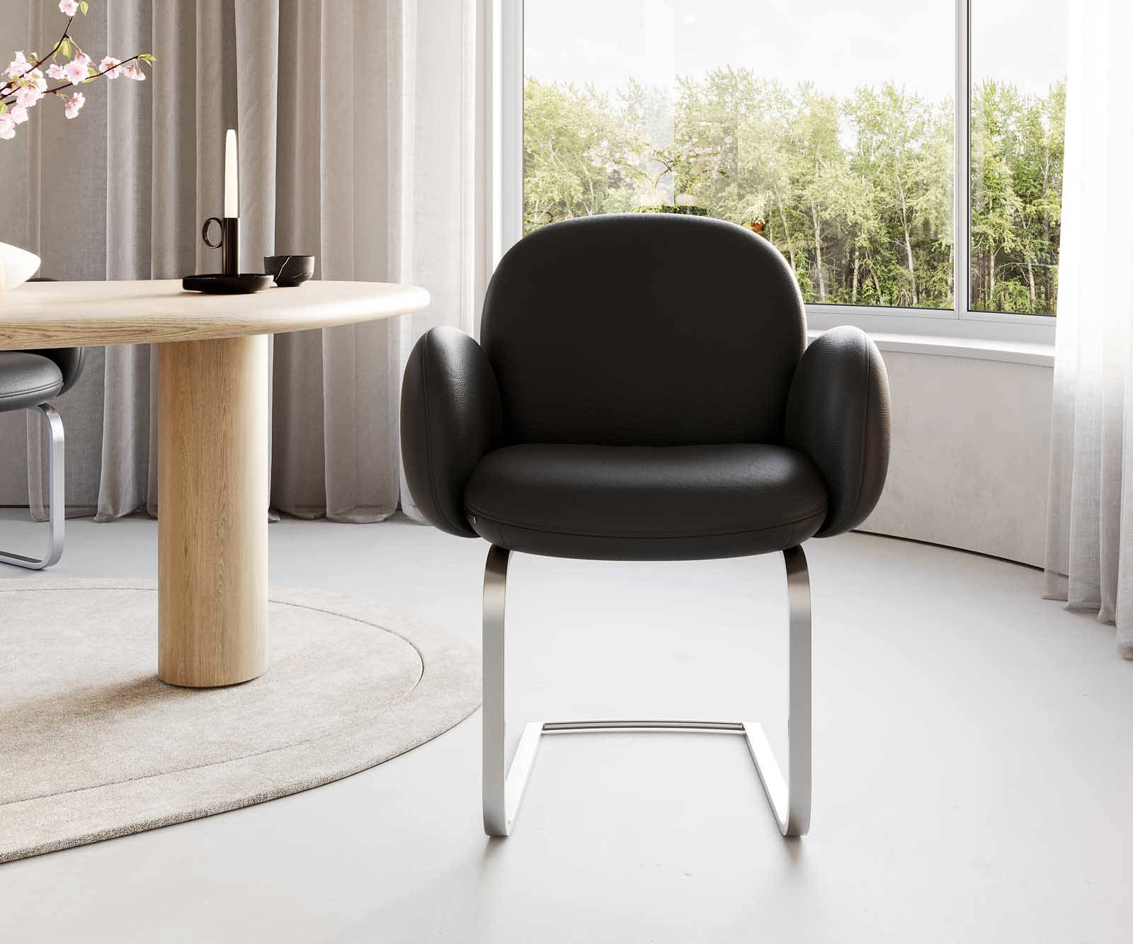 Freischwinger Nube-Flex mit Armlehnen Echt-Leder Schwarz Freischwinger flach Edelstahl Taschenfederkern 1