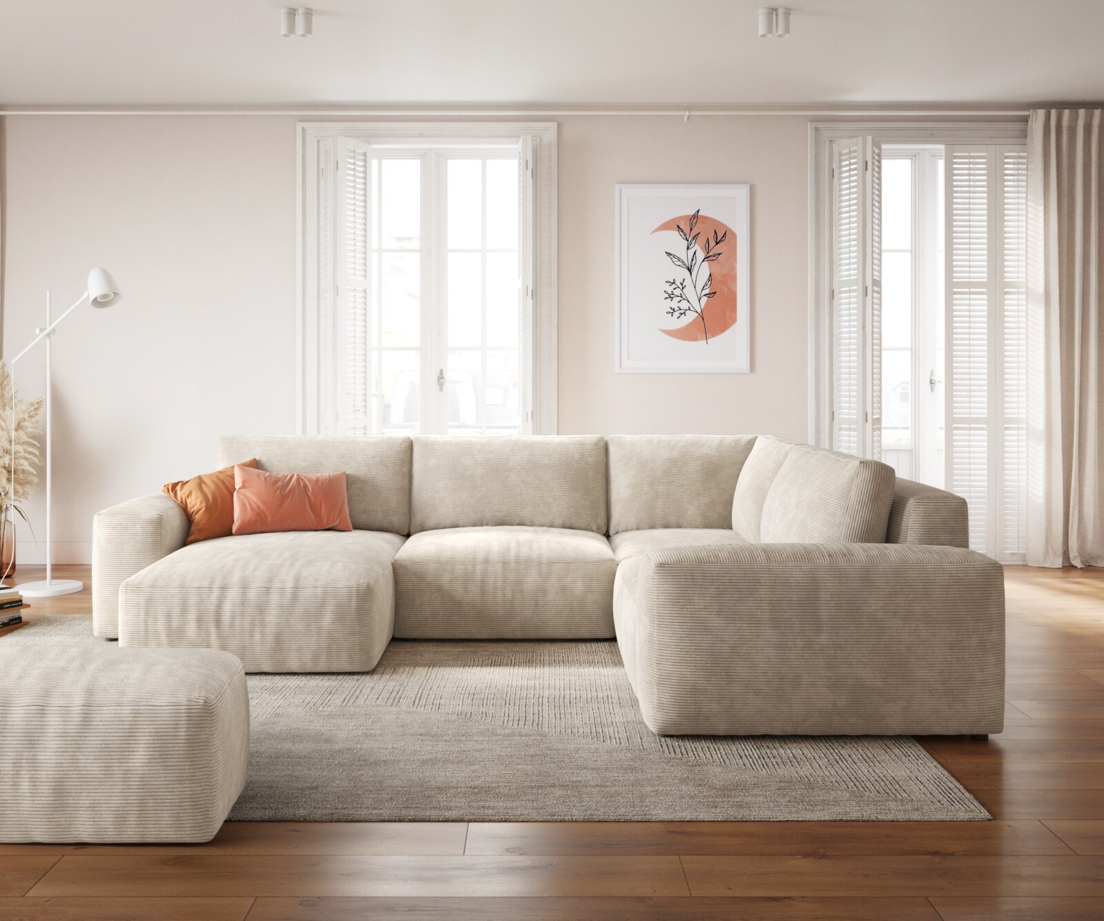 Wohnlandschaft Lanzo 300x210 cm Cord Beige Recamiere variabel mit Hocker 1