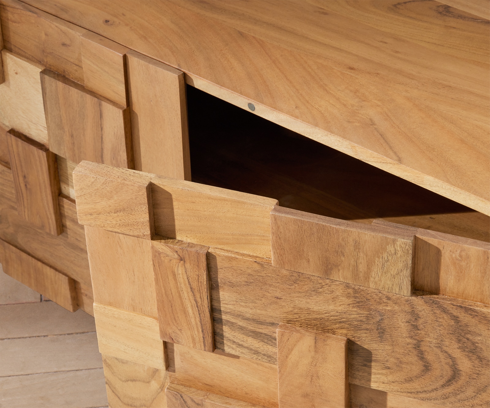 Lowboard Puzzle 260 cm 4 Türen 2 Schubfachächer Akazie Natur Fuß schwebend Metall schwarz 3 Lowboard Puzzle 260 cm 4 Türen 2 Schubfachächer Akazie Natur Fuß schwebend Metall schwarz 3