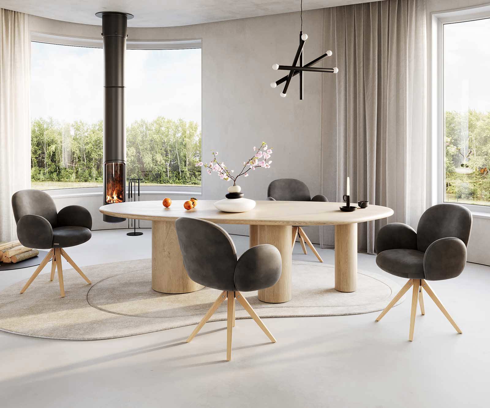 Drehstuhl Nube-Flex mit Armlehnen Mikrofaser Anthrazit Vintage Holzgestell kantig Natur 180° drehbar Taschenfederkern 3