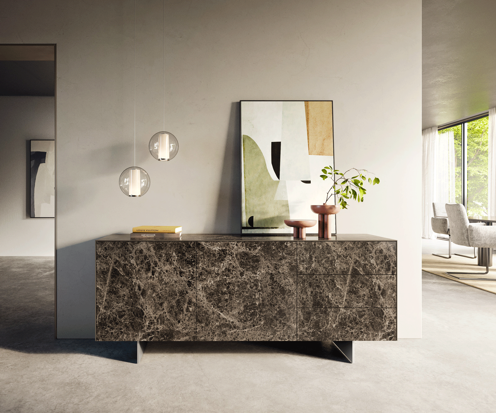 Sideboard Cuor 180 cm Keramik Emperador Extra Lucidato Dunkelbraun 2 Türen 3 Schubfächer Fuß Schwebeoptik Edelstahl 2
