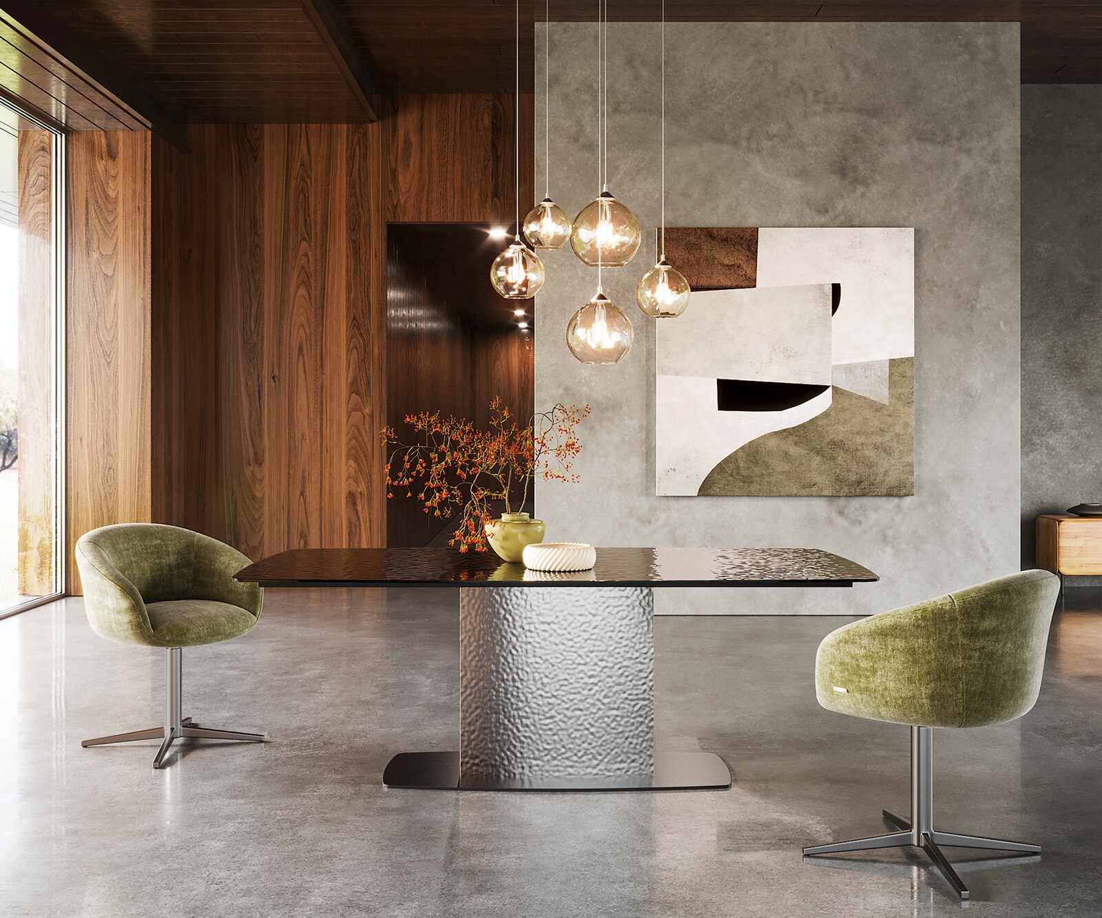 Esstisch Edge Boot 200x100 Reliefglas Rauchschwarz 3D-Design Wave Edelstahl 1