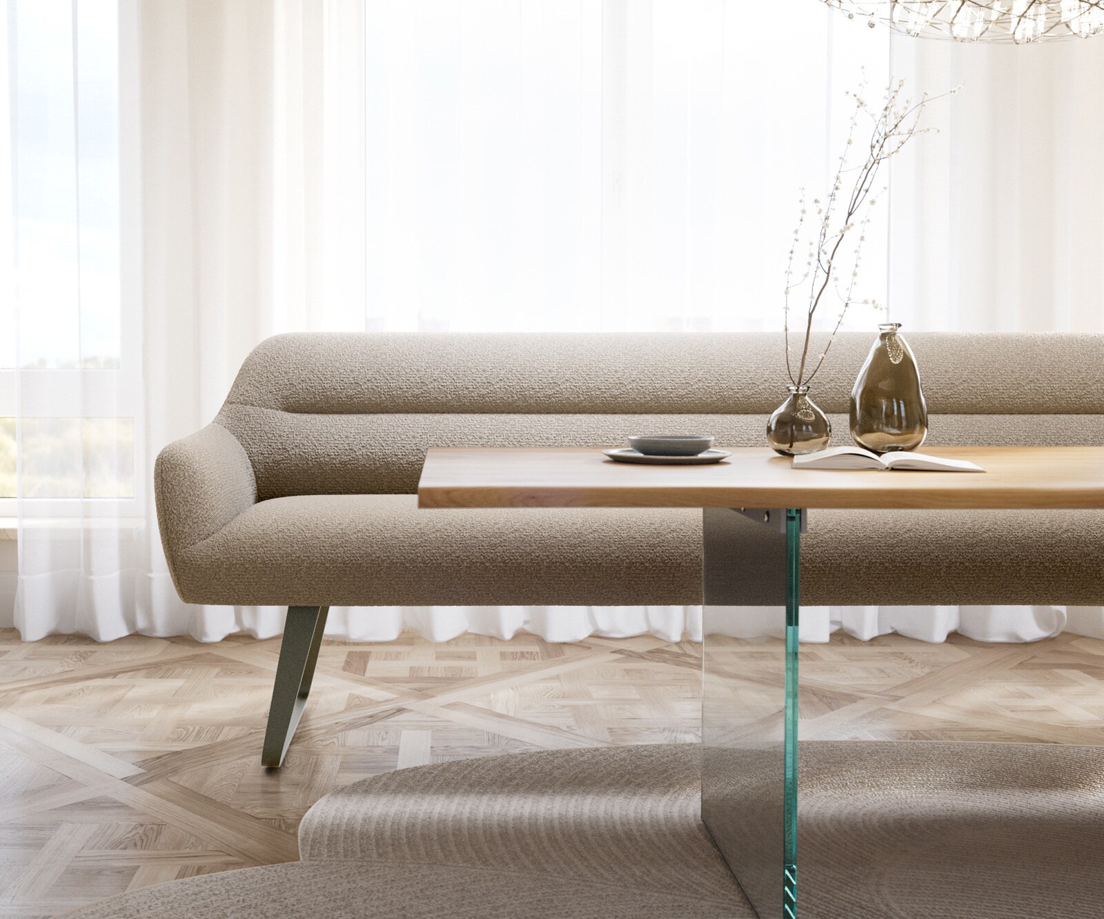 Esszimmerbank Taya-Flex 300 cm Bouclé Schlamm Kufengestell flach Effektfinish Titan Taschenfederkern 2
