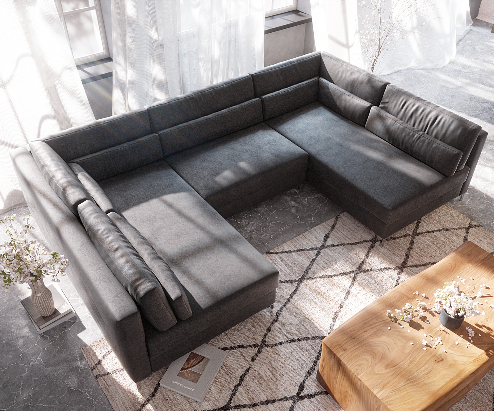 Wohnlandschaft Elio 300x185 cm Lederimitat Vintage Anthrazit mit Hocker 4 Wohnlandschaft Elio 300x185 cm Lederimitat Vintage Anthrazit mit Hocker 4