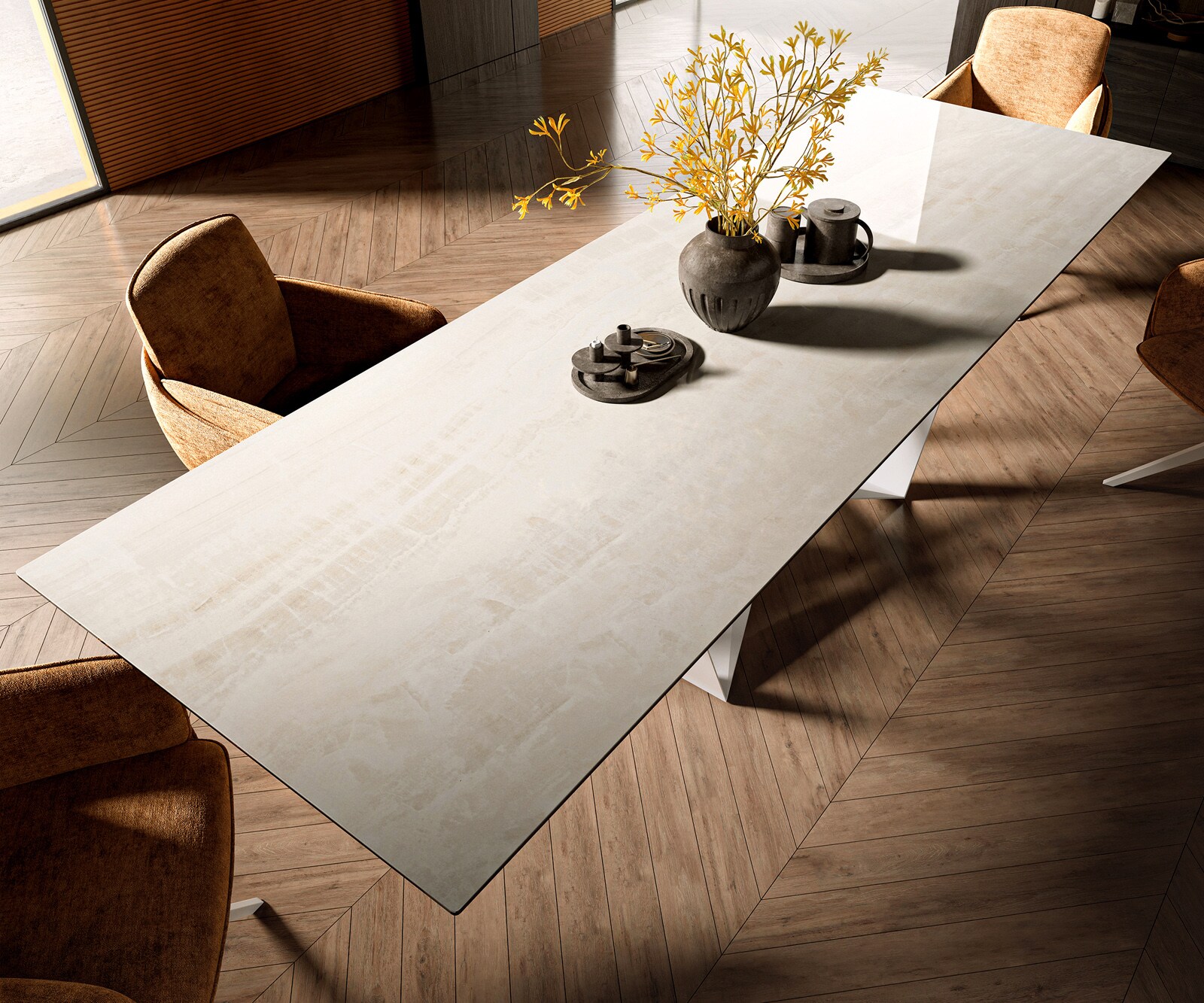 Table à manger Edge 300x100 cm céramique Onyx Champagne Spider métal blanc 4